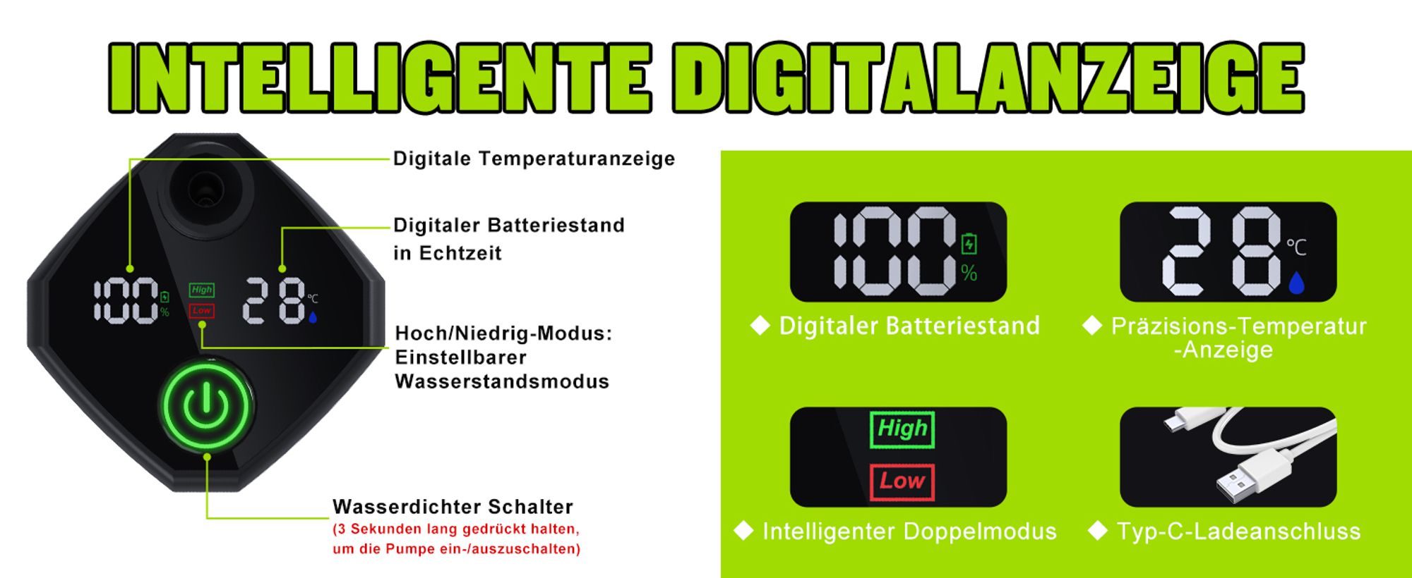 Tragbare Campingdusche,[6000 mAh] ,Pump- und Temperaturanzeige,mit Duschkopf und 2 m Schlauch für Garten, Waschen des Autos, Strand, Camping, Haustier