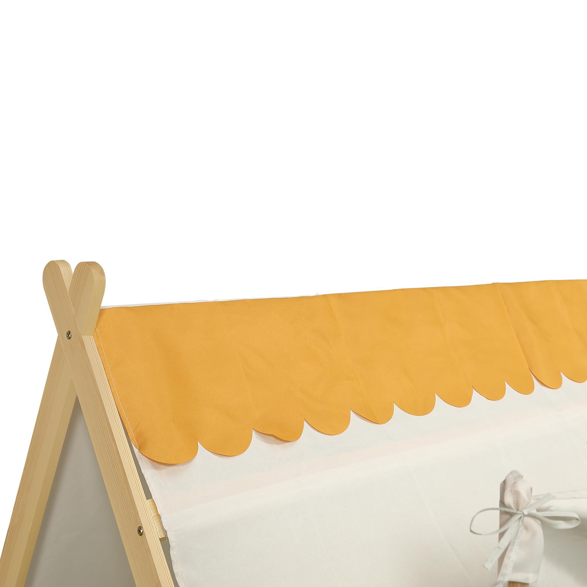 Flieks Kinderbtt Hausbett 90x200cm mit abnehmbarem Zelt, Bodenbett Einzelbett mit Rausfallschutz und Lattenrost, Naturbelassen