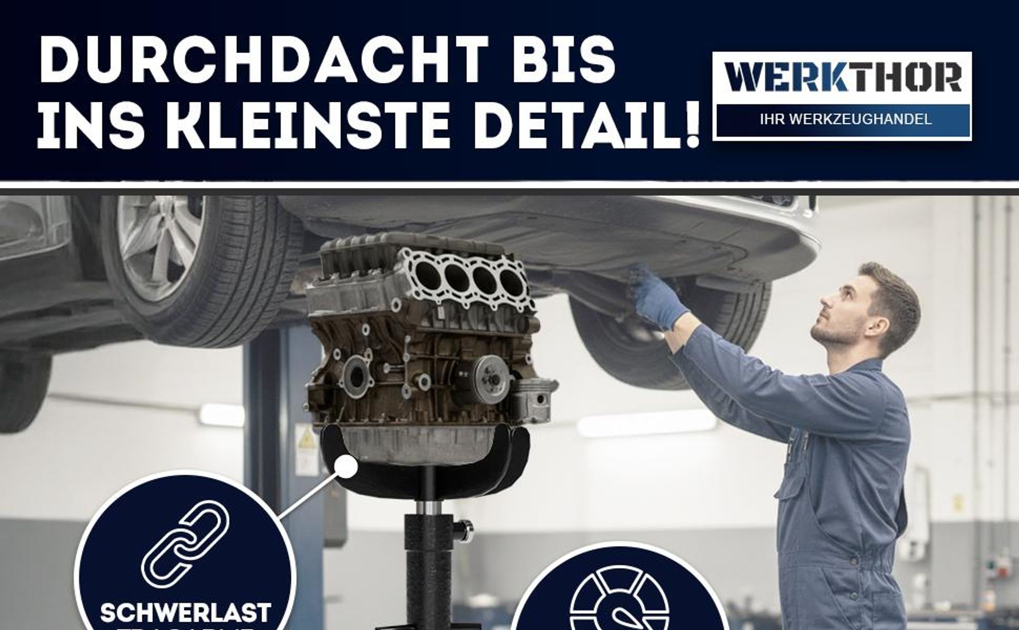 WERKTHOR Getriebeheber 500 kg hydraulisch, höhenverstellbar 113–195 cm, rollbar mit 4 Lenkrollen & Fußpedal, Kfz Motorheber, schwarz