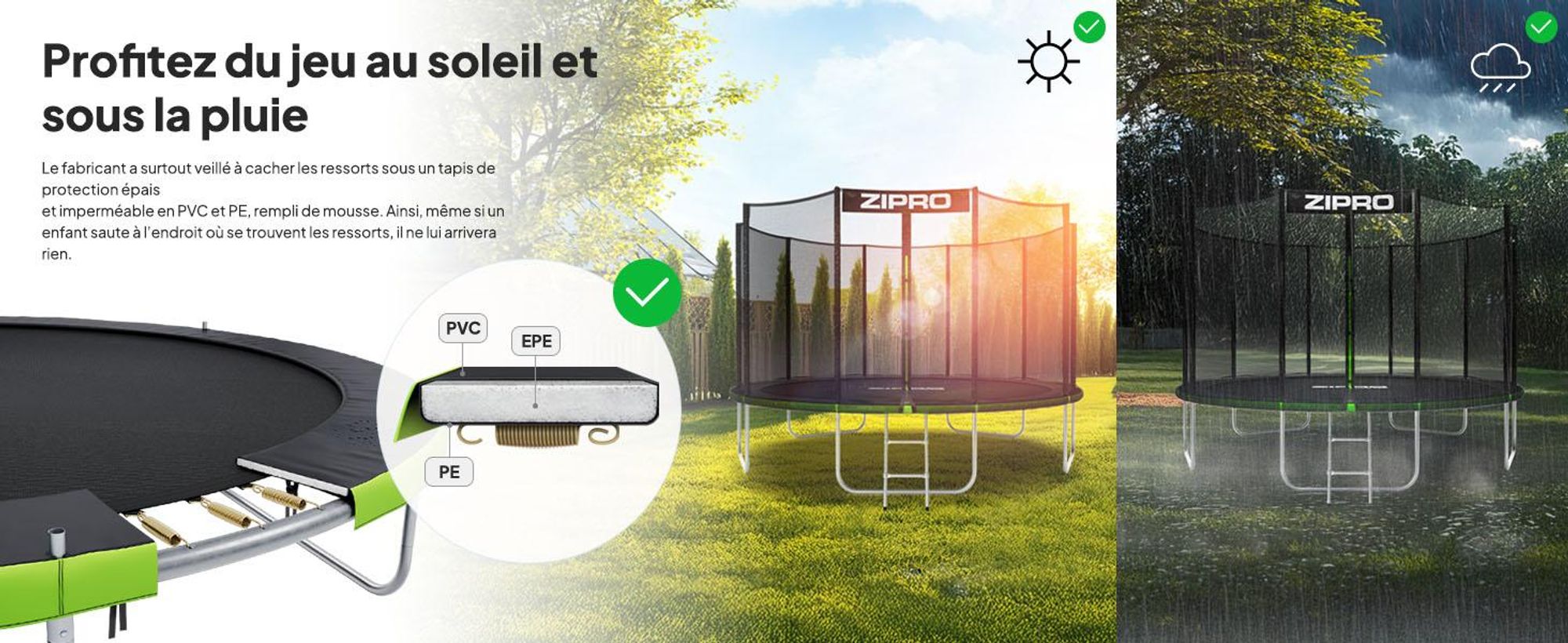 Trampoline ZIPRO Jump Pro Out | 12FT Ø 374 cm | Trampoline de jardin Trampoline pour enfants Kit complet avec filet extérieur, échelle et housse de protection, pour l'extérieur, vert