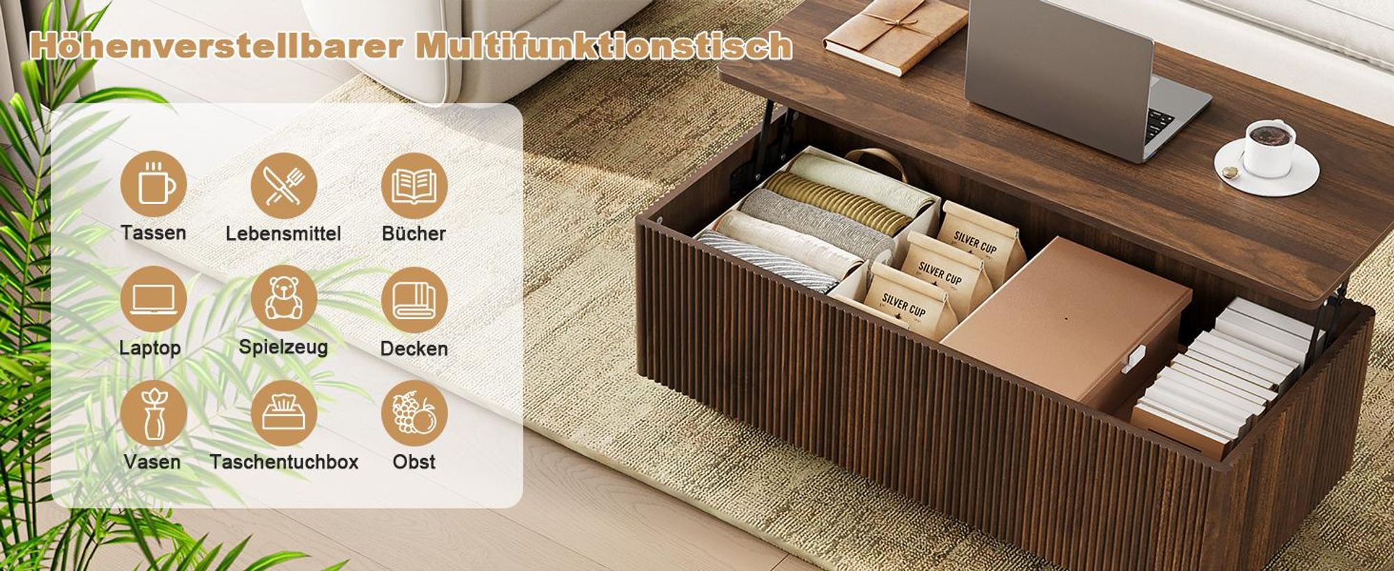 FABATO Lift-Couchtisch 106 cm mit großem verstecktem Stauraum, rechteckiges Fluted-Design mit abgerundeten Ecken, aufklappbar, Walnuss-Farbe, Mid-Cent