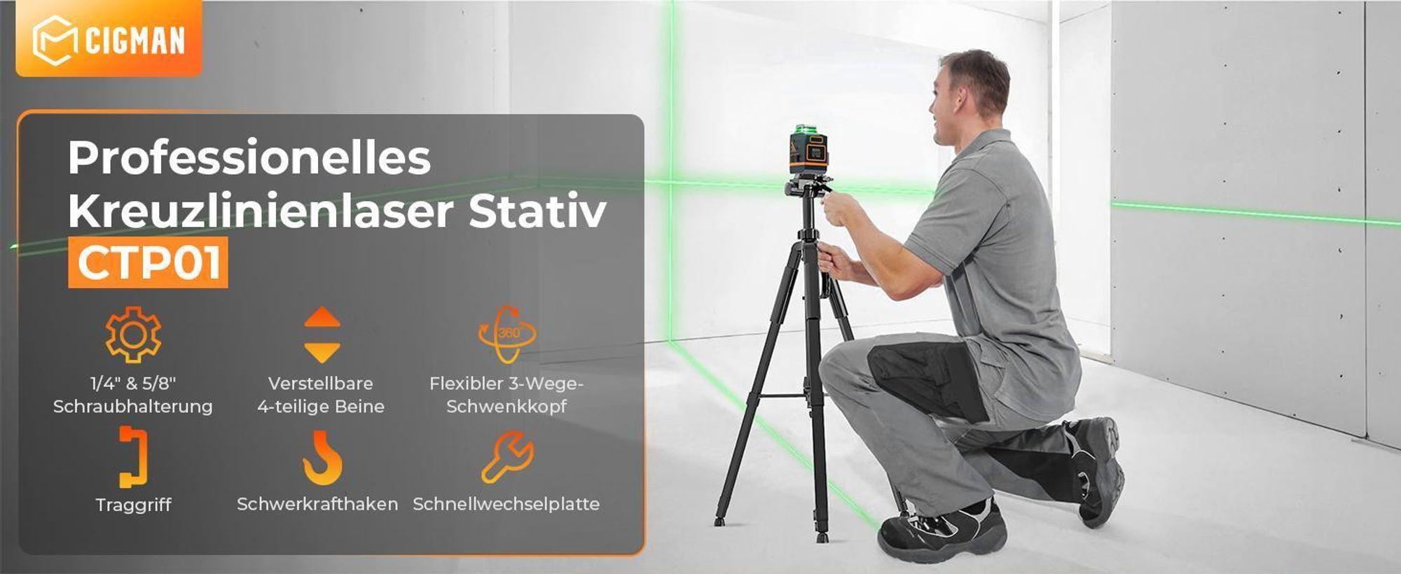 CIGMAN CTP01 Statyw 1,5 m do laserów i kamer, aluminiowy, głowica 3-kierunkowa