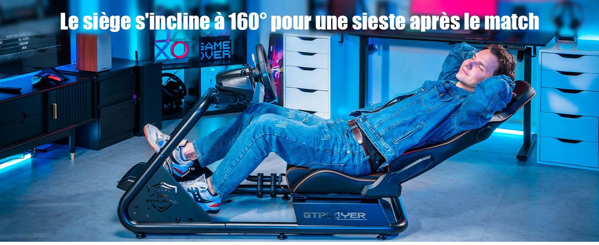 GTPLAYER simulateur de cockpit, SIM racing cockpit, simulateur de course support de volant fauteuil gaming racing wheel stand avec haut-parleur bluetooth et repose pédale
