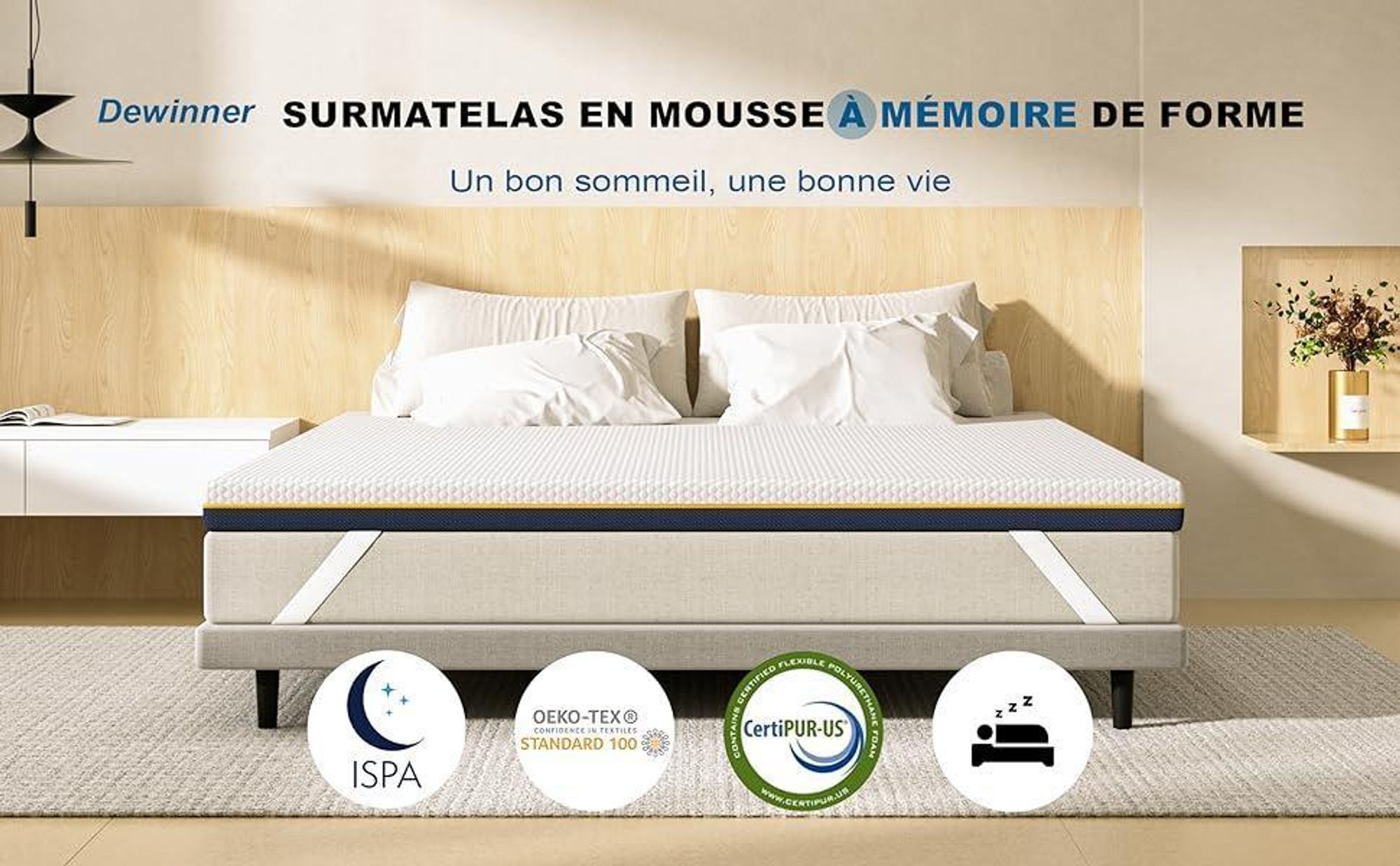 DEWINNER Surmatelas 180 x 200 | 7,5CM | Surmatelas en Mousse à Mémoire de Forme Gel | Mousse en Matériau Bambou | Ventilé Haute Densité