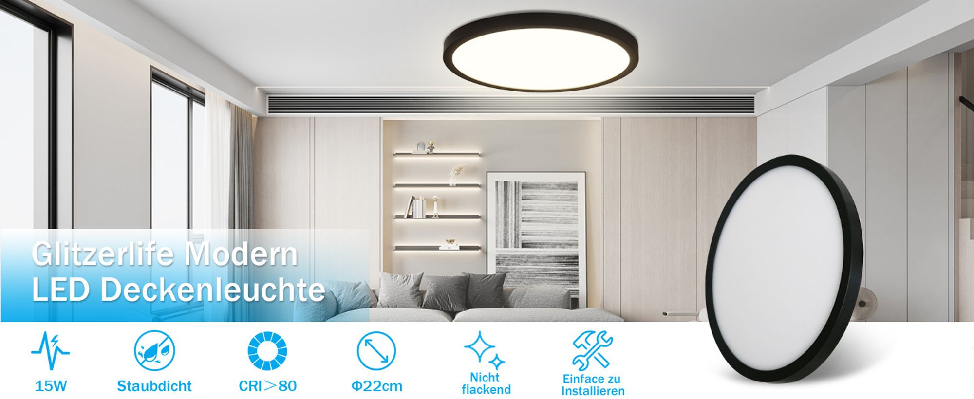 Glitzerlife rund flach 15W LED Deckenleuchte besteht aus hochwertigem Kunststoff mit einer.