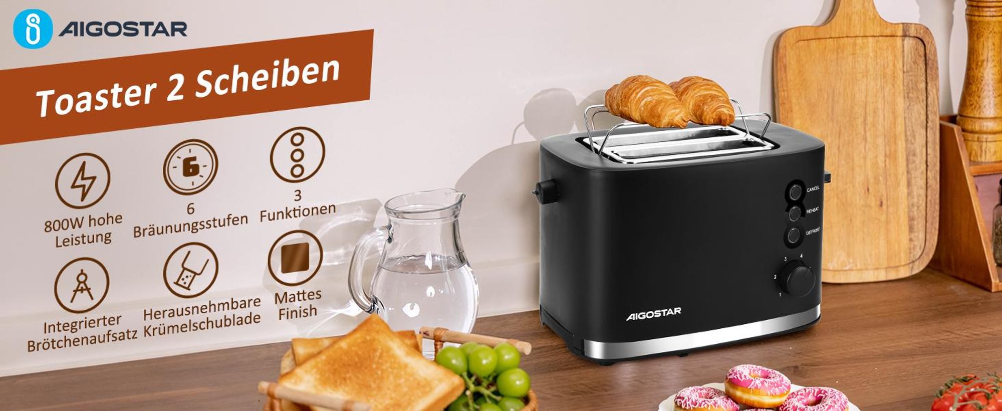 Aigostar - Toaster 2 Scheiben, extra breite Toastschlitze, 6 Bräunungsstufen,800W