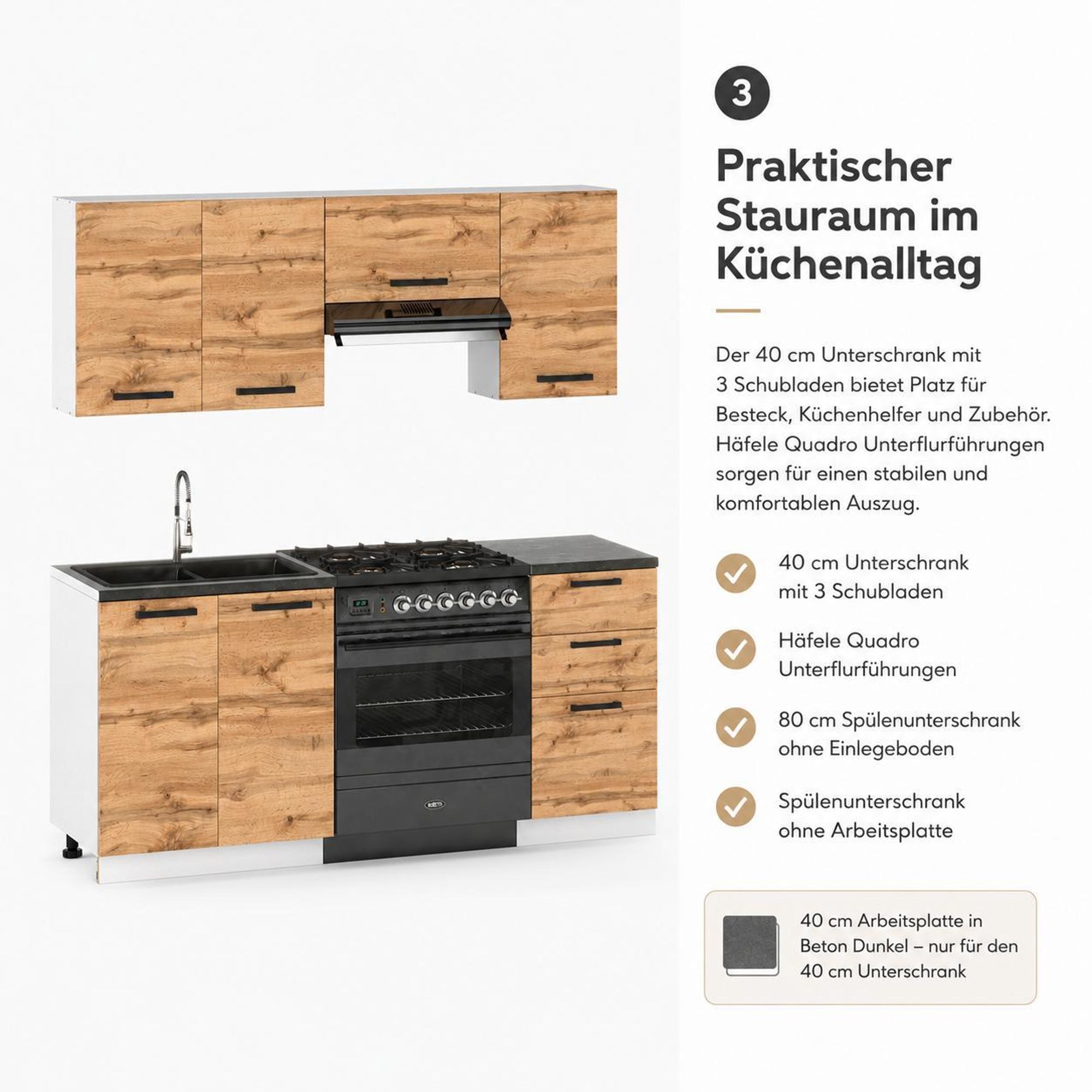 Küchenzeile in Eiche Wotan mit Stauraum, 3 Schubladen und Spülenunterschrank.