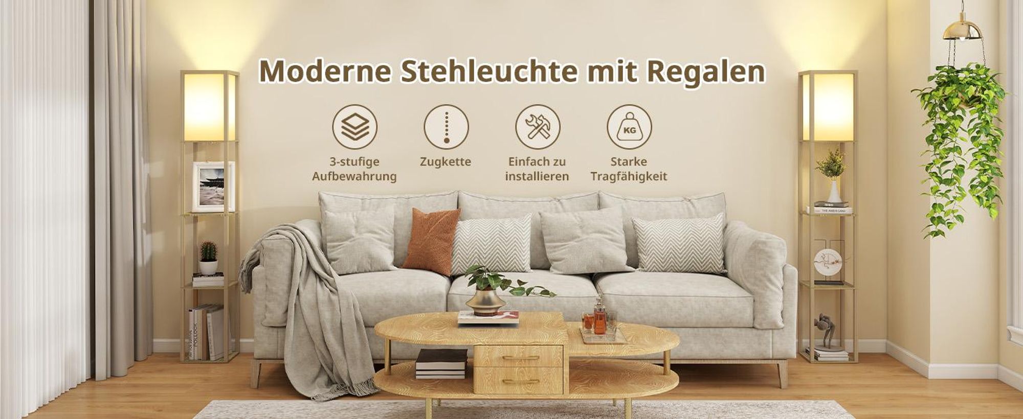 Puluomis 3 Ebene Stehlampe Stehleuchte Standleuchte standlampe Bodenlampe, E27 Innenbeleuchtung für Schlafzimmer Wohnzimmer Holz Regal holzfarbe 160cm