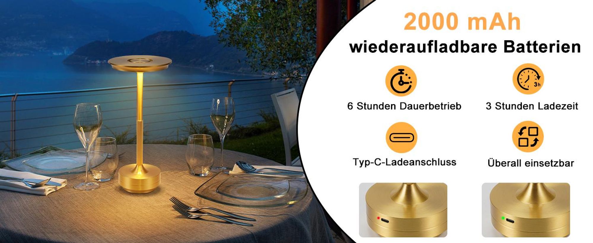 ZMH Nachttischlampe Kabellos Tischlampe Akku - LED Tischleuchte Touch Dimmbar Lampe 2er Set mit USB Aufladbar Batterie Tischlampen Gold für Modern Fensterbank Wohnzimmer Kinderzimmer Schlafzimmer