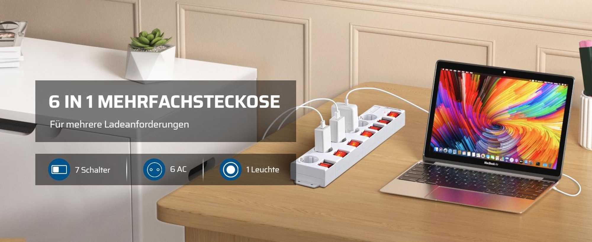 DEWENWILS 3M 6 Fach Steckdosenleiste Einzeln Schaltbar, Mehrfachsteckdose mit Überlastschutz, Kindersicherung, 90°-Anordnung, Weiß