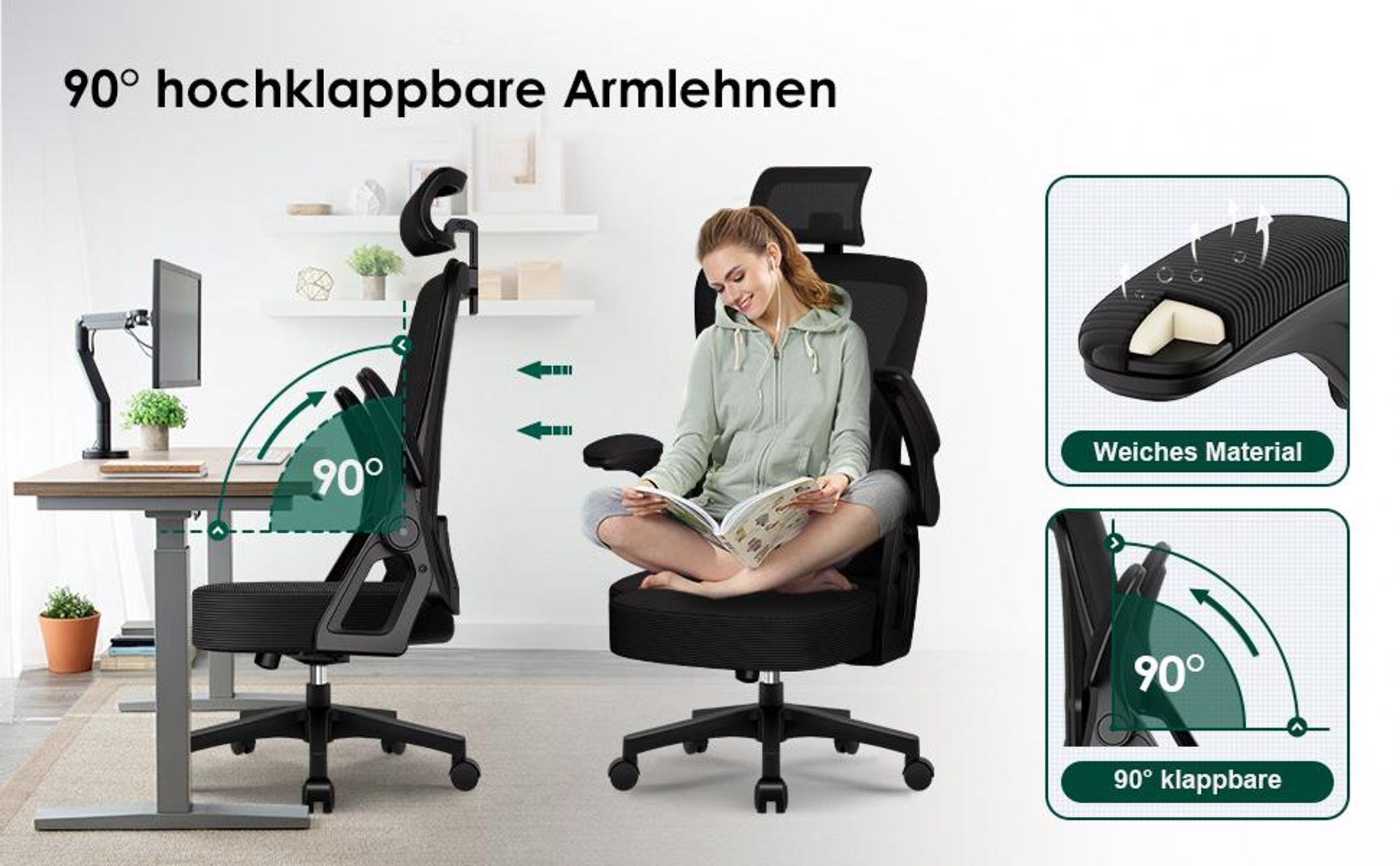 Adormii Ergonomischer Bürostuhl, Lendenstütze Schreibtischstuhl,mit Kopfstütze, Große Armlehnen Bürostühle,Drehstuhl,Chefsessel,Belastbarkeit 150kg