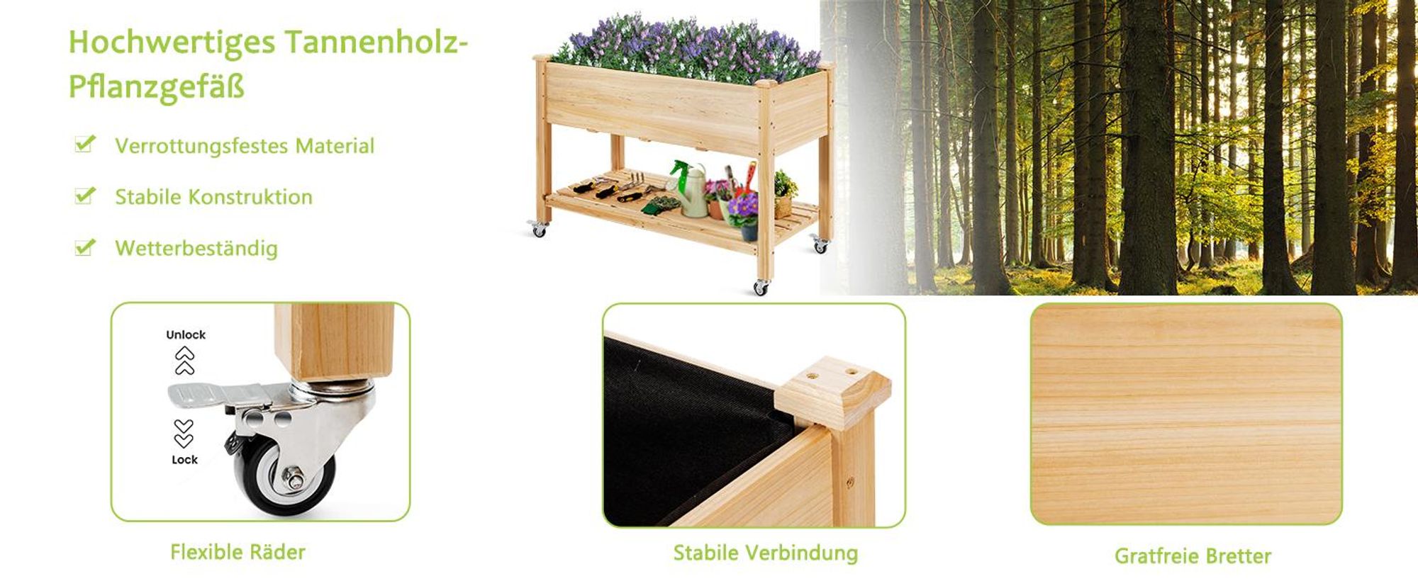 GOPLUS Hochbeet mit Rollen aus Holz, Gartenbeet mit Ablage & Abflusslöchern, Pflanzbeet Tragkraft 150 kg für Garten & Natur, 120 x 59 x 84 cm