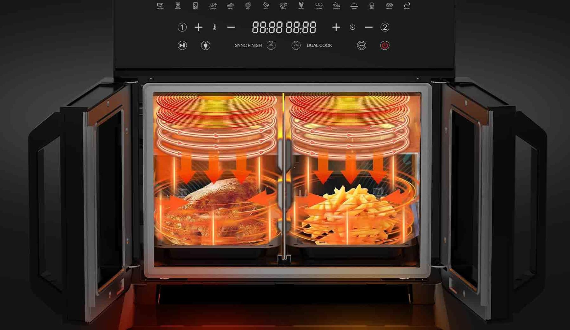 23L Heißluftfritteuse Minibackofen Air fryer, Dual Zone Heissluftfritteuse XXL mit LED-Touchscreen 15 Programmen Heissluftfritteuse Ofen mit Doppelkam
