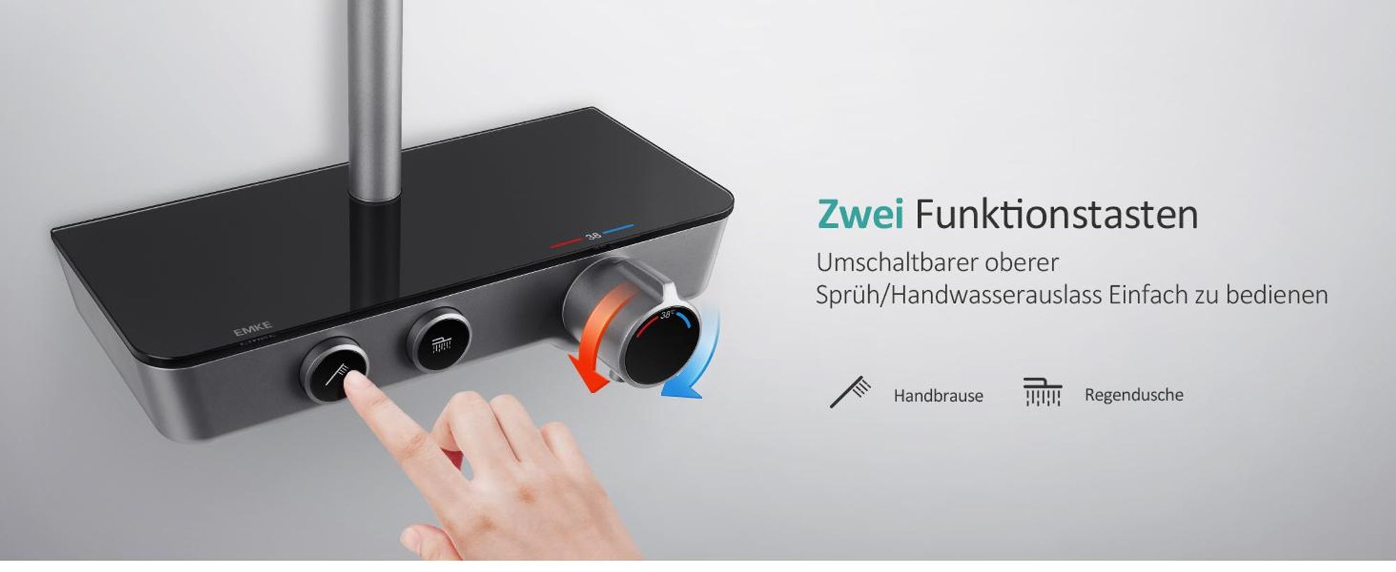 EMKE Duschsystem mit Thermostat, Edelstahl-Duschset mit 3-Funktionen Handbrause, Bad- & Duscharmaturen, KTW-, Grau- F08