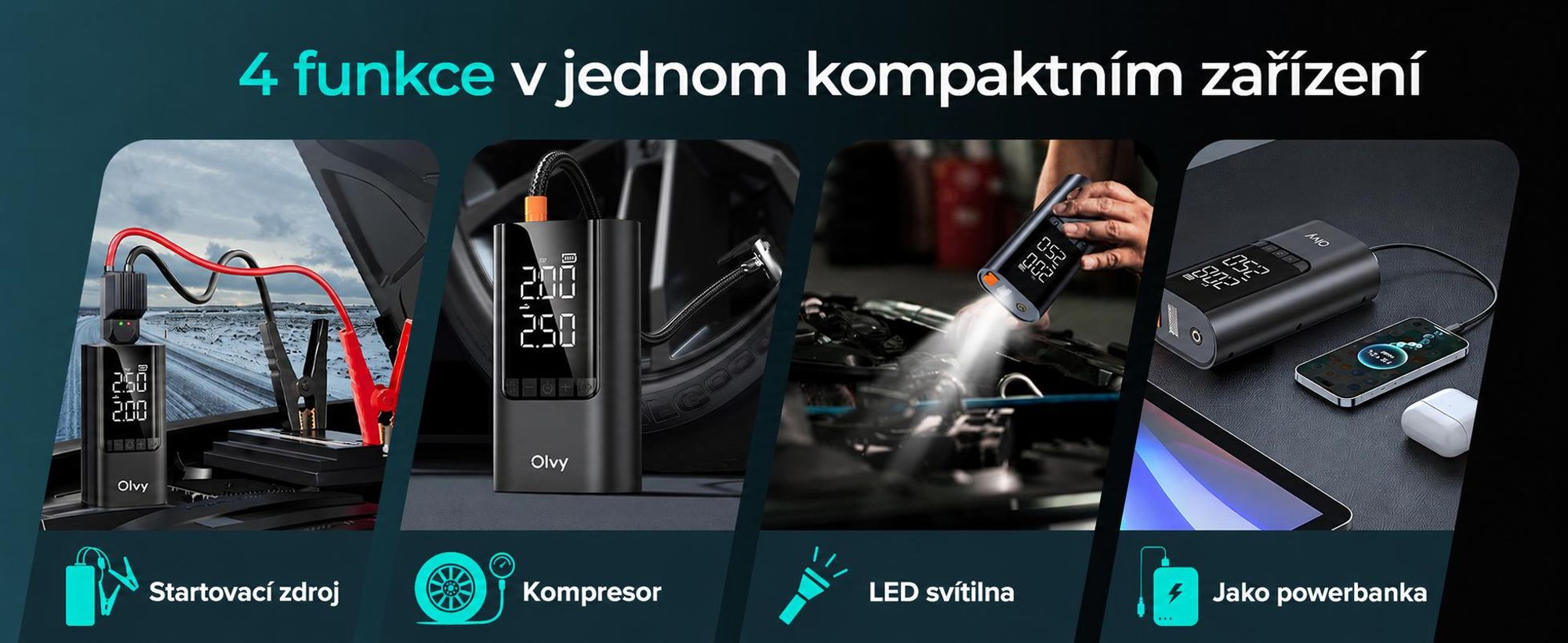 Startovací powerbanka Olvy s kompresorem 6000A - startovací zařízení pro 12V benzín/naftu, LED světlo, startovací zařízení, powerbanka, posilovač autobaterie, 12000mAh