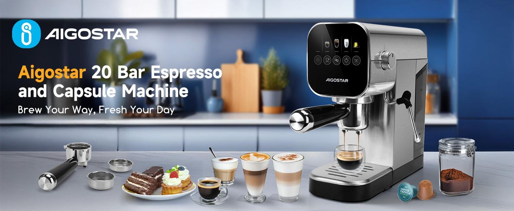 Aigostar Siebträgermaschine Espressomaschine mit Milchaufschäumer, Kompatibel mit Kapseln und Gemahlenem Kaffee, 20 Bar, Digitales Touchpanel