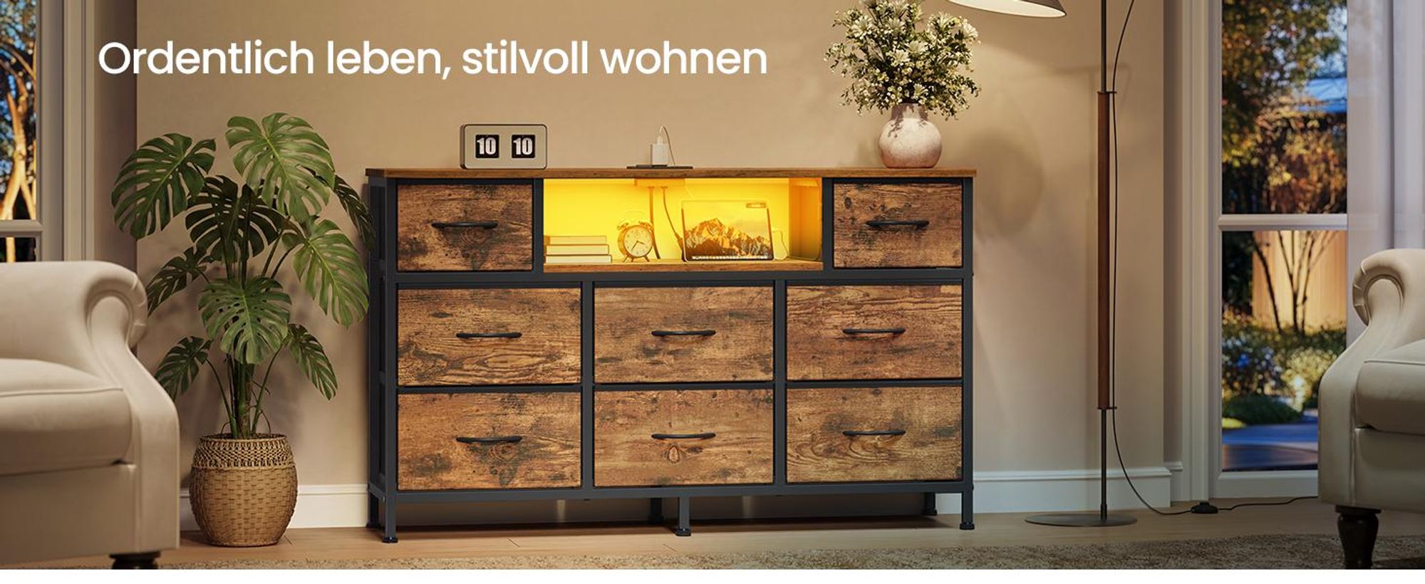 SONGMICS Kommode mit 8 Stoffschubladen, TV-Schrank mit LED und Steckdosen, 113,8 x 30 x 68,1 cm, Vintagebraun