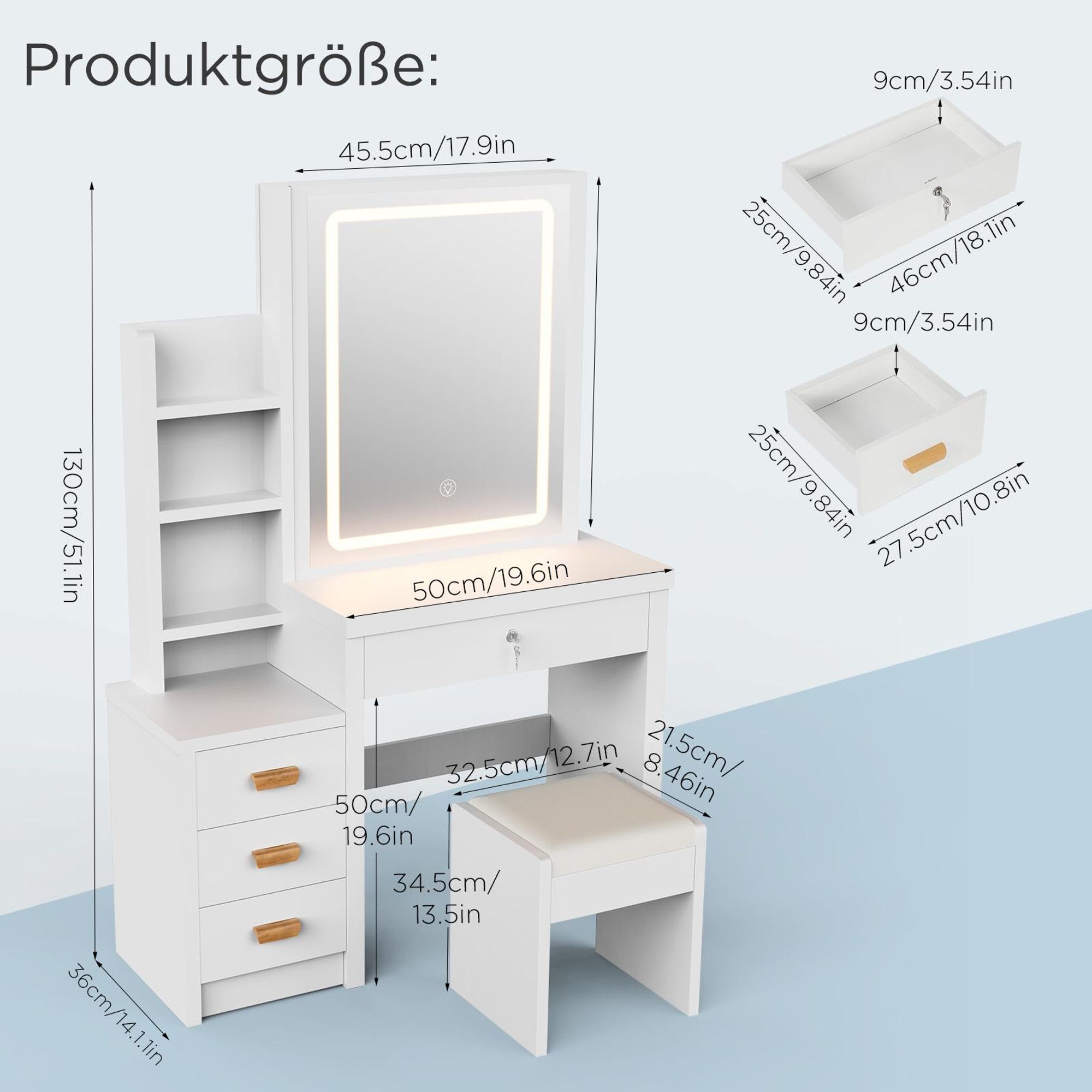 Schminktisch Kosmetiktisch mit Spiegel & Hocker, Frisierkommode mit LED-Beleuchtung Set, Frisiertisch mit 4 Schubladen, Schlafzimmermöbel Vanity Set
