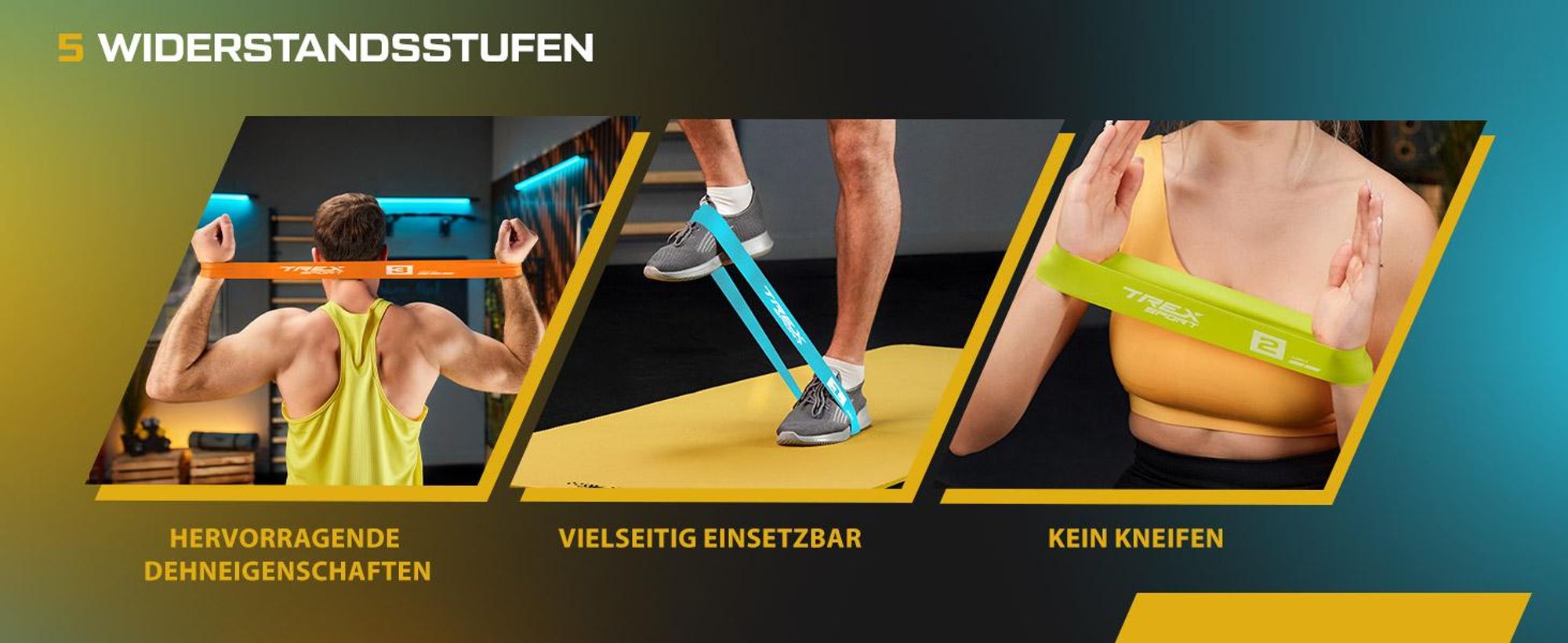 TREX SPORT Gymnastikband 5 Stück Set TX-065RBV Widerstandsband | Fitnessband 100% Latex, 1-18 kg, robust, elastisch | Resistance Band Neon