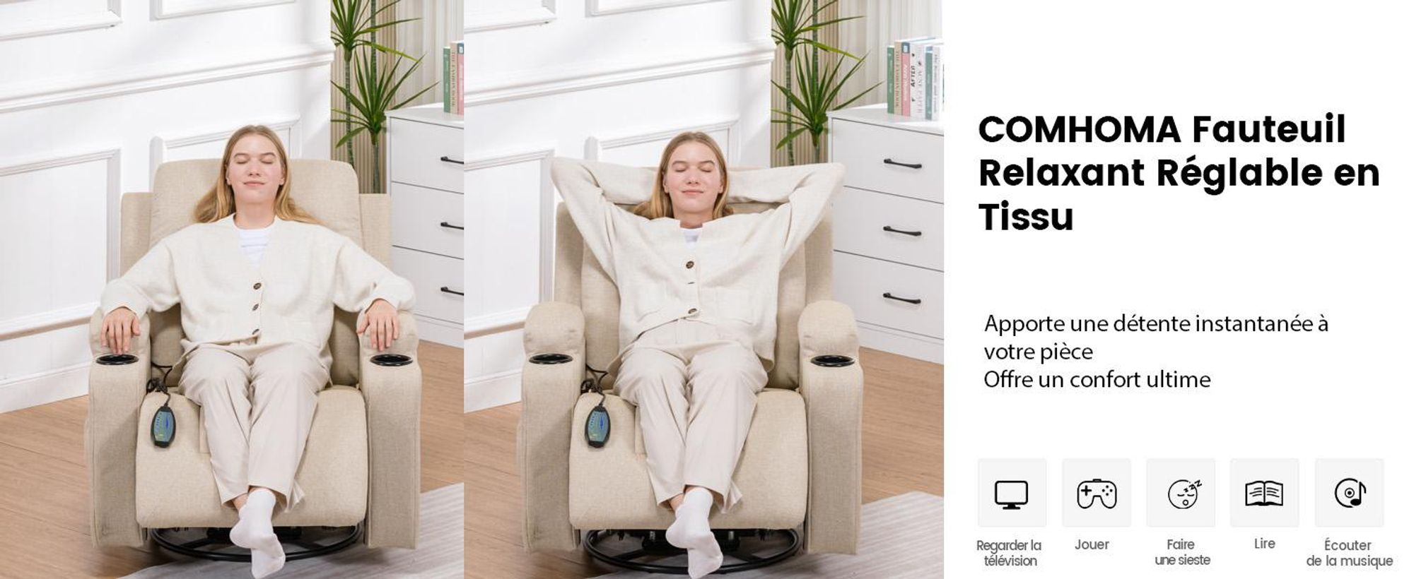 COMHOMA Fauteuil de relaxation Fauteuil TV en tissu avec fonction chaise longue Fauteuil TV réglable, Recliner Chair, beige-tissu