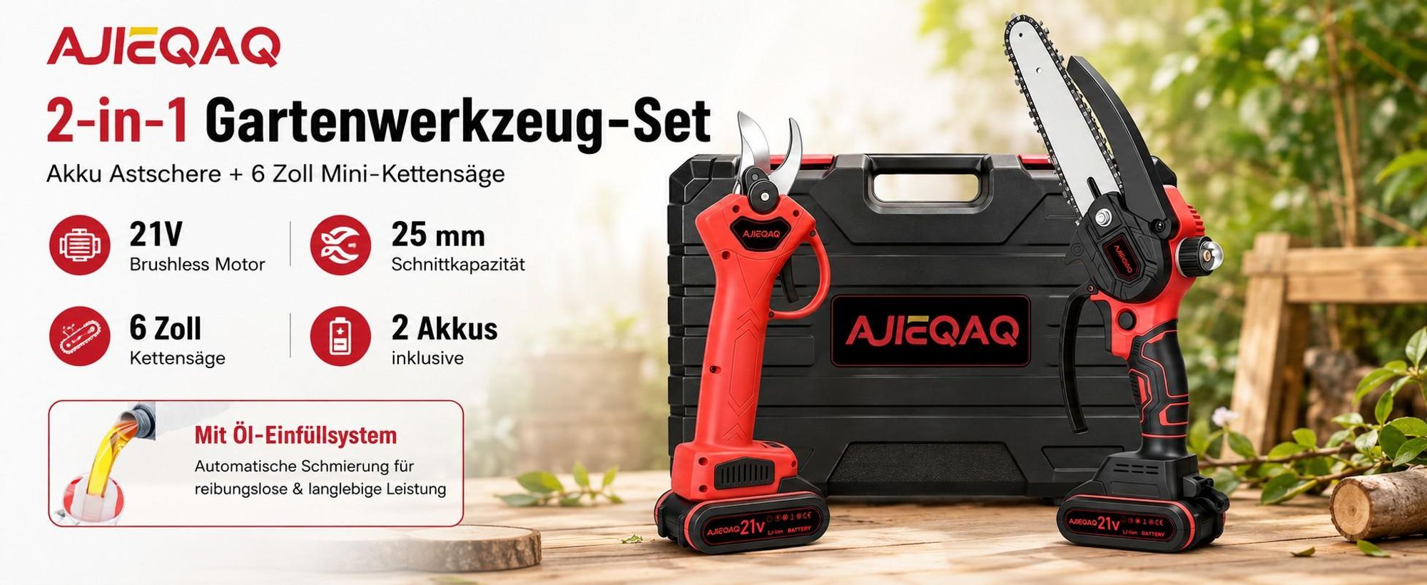 AJIEQAQ Akku Astschere Set 2-in-1, 21V Brushless Gartenschere mit Mini Akku Kettensäge 6 Zoll, 25mm SK5 Klinge, 2×1500mAh Akkus, Koffer