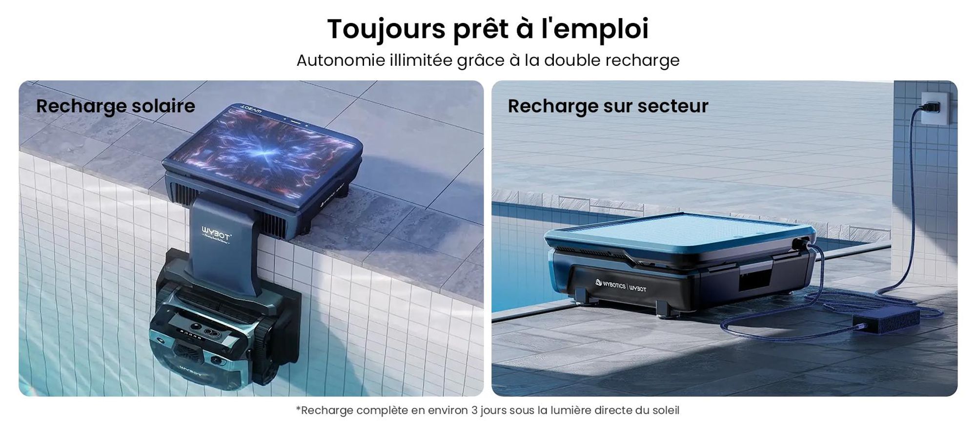 Robot de piscine WYBOT S3 : cartographie 3D, vision par IA, alimentation solaire/CC, réservoir de 10 litres à vidange automatique,via application