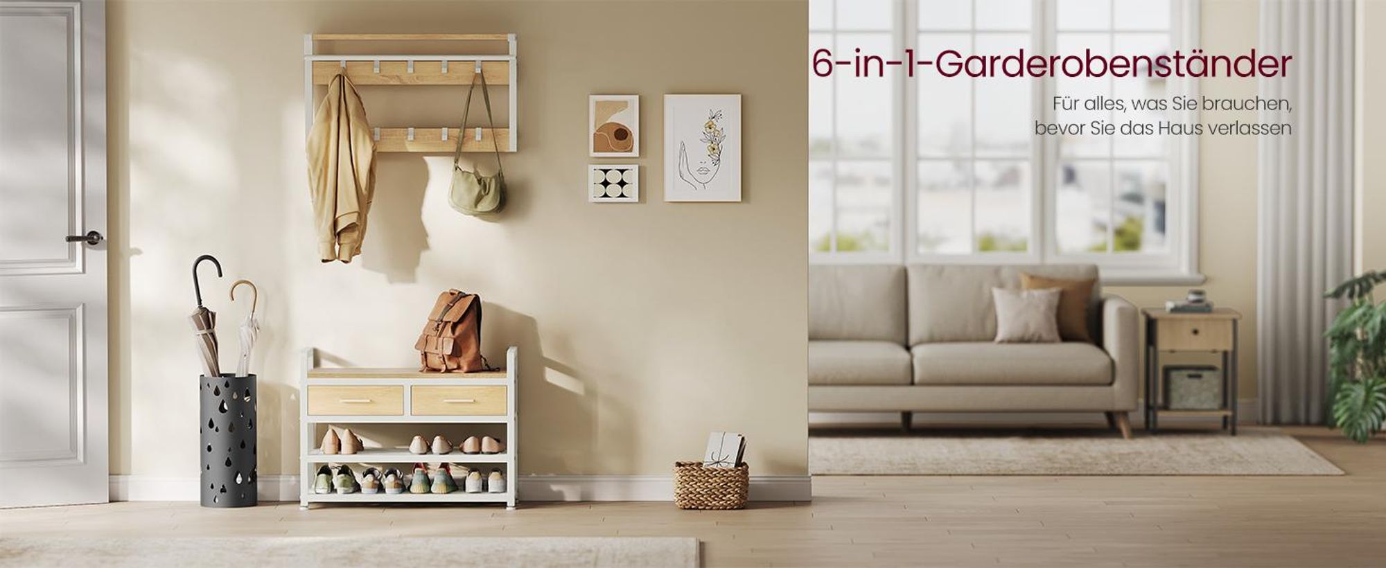 VASAGLE Garderobe mit Schuhbank, Schuhaufbewahrung, 2 Schubladen, 30 x 80,4 x 181,6 cm, goldeichenfarben-weiß