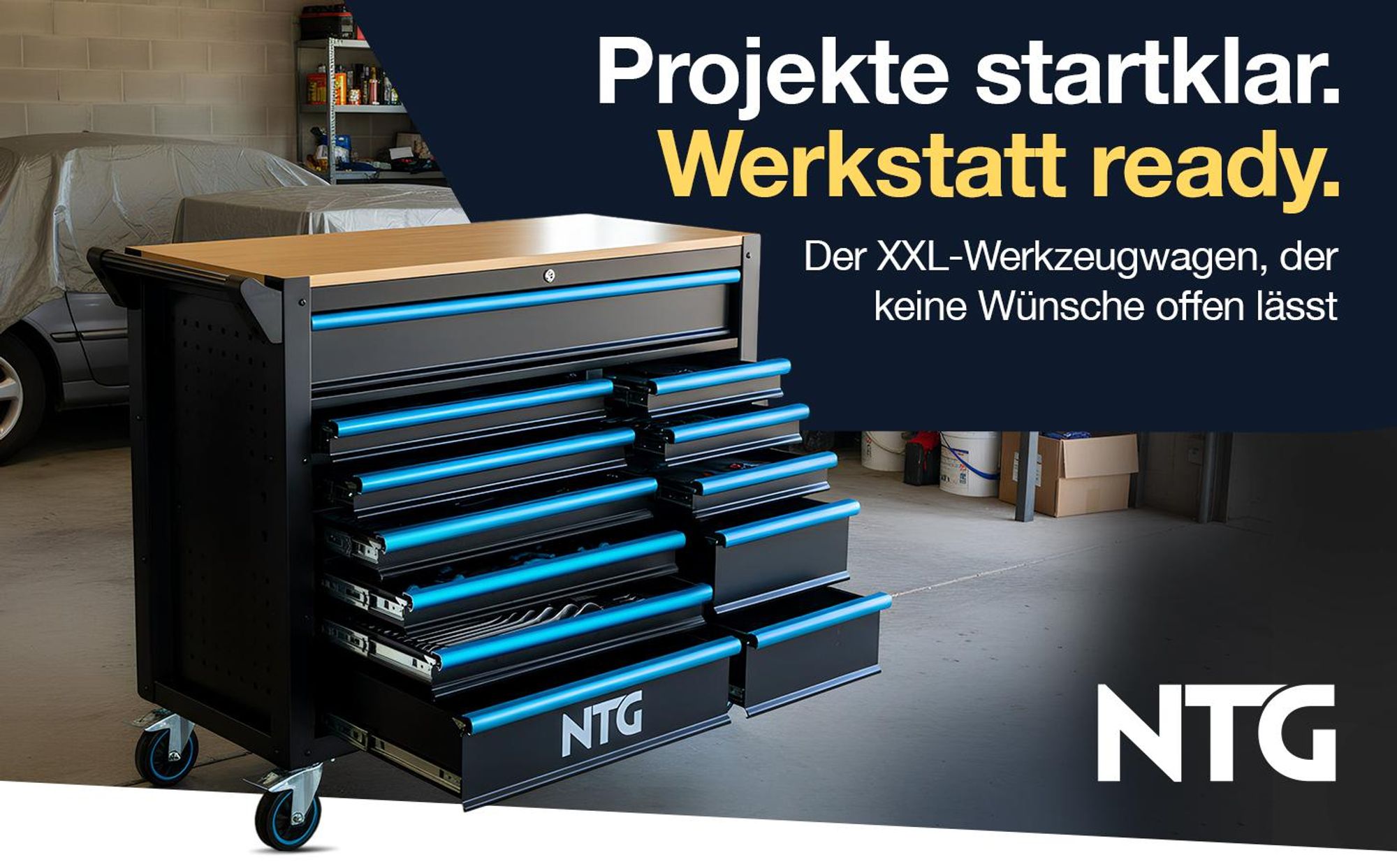 Werkzeugwagen XXL inkl. 471 tlg. Werkzeug, 12 Schubladen mit Holzplatte