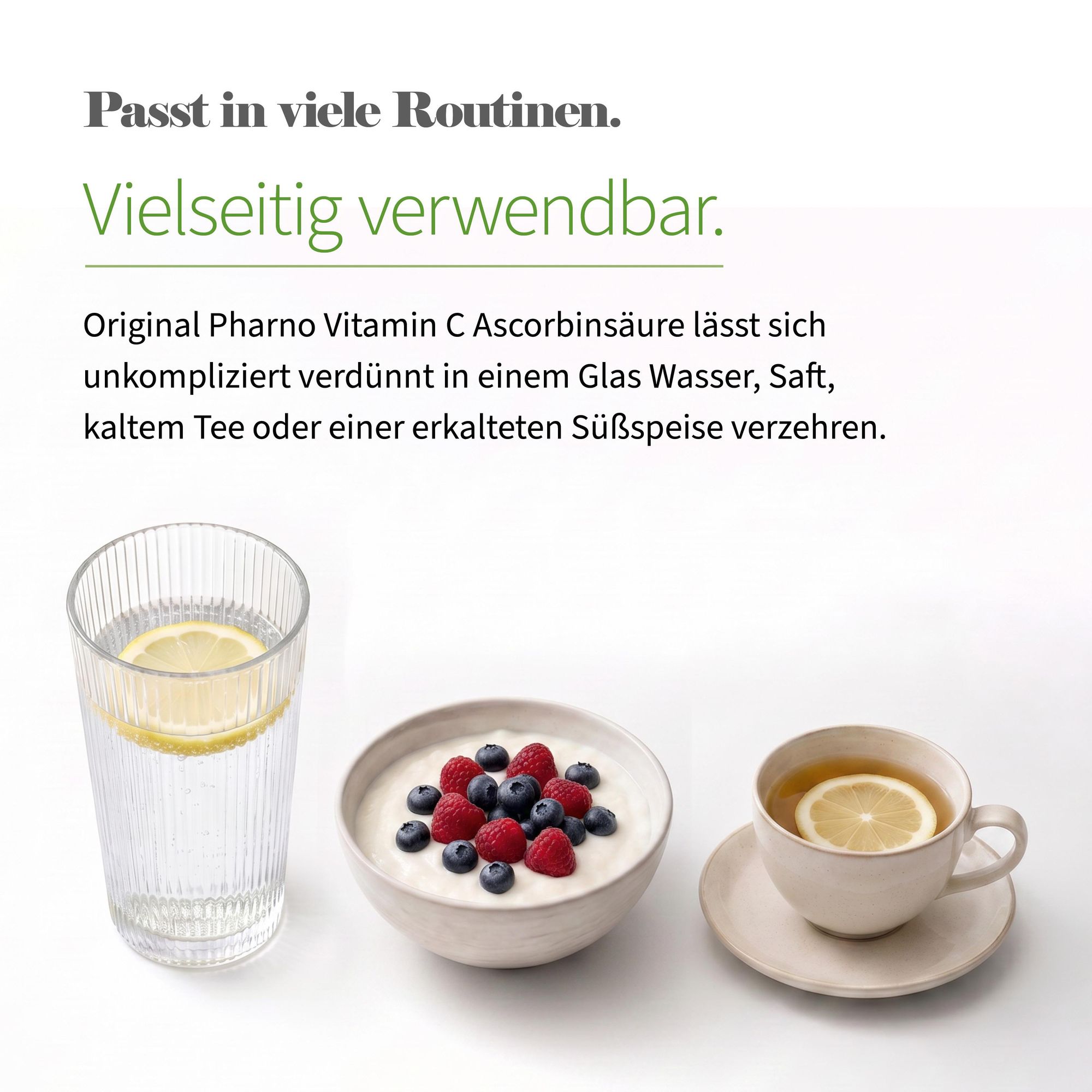 Wasserglas, <b>Joghurt</b> mit Beeren und Tee mit Zitrone, vielseitige Verwendung des Pulvers