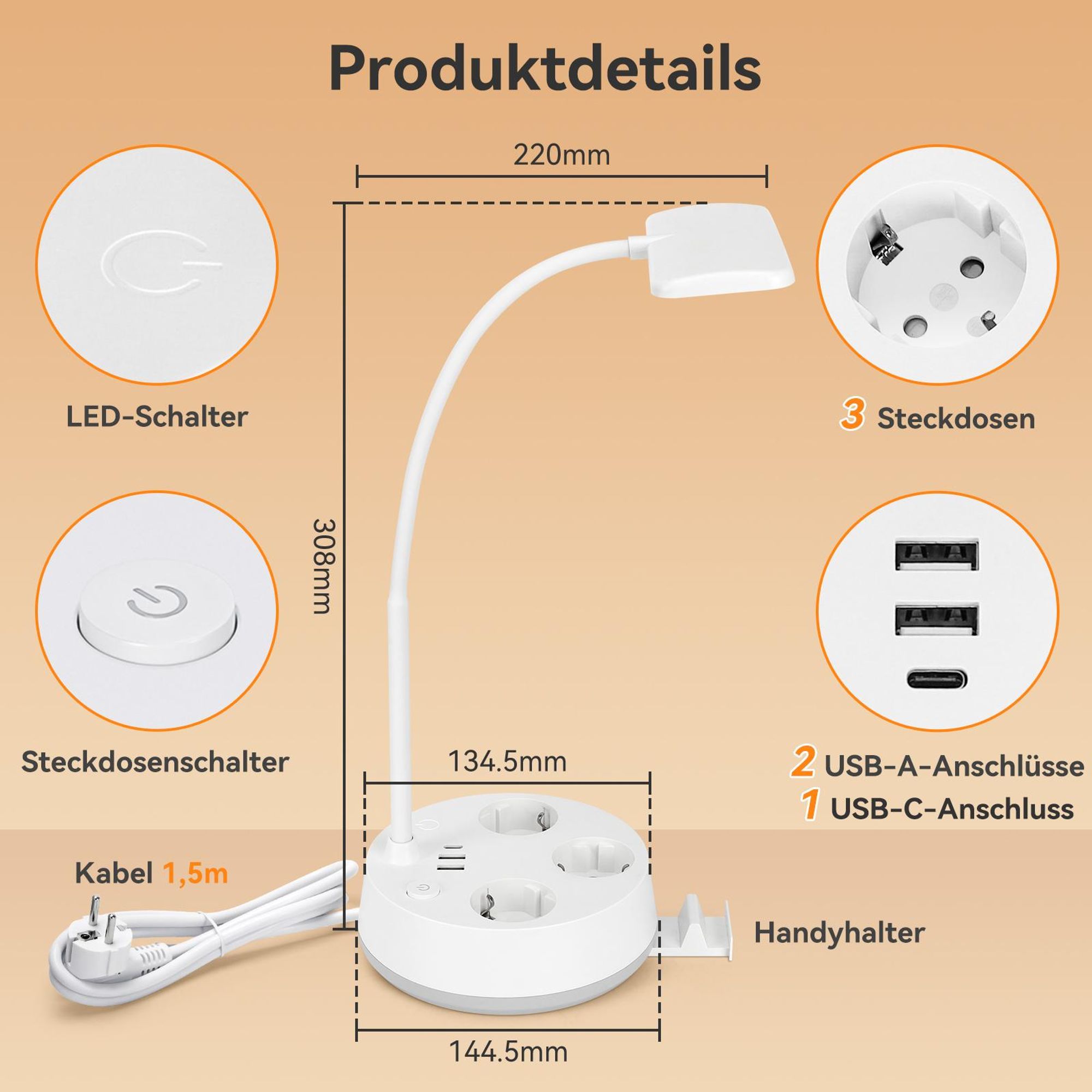 Aigostar Schreibtischlampe mit Stecker und Steckdosen, USB- und Typ-C-Ausgang, Touch-Tischlampe, 3 Farben&Stufenloses Dimmen, Weiß