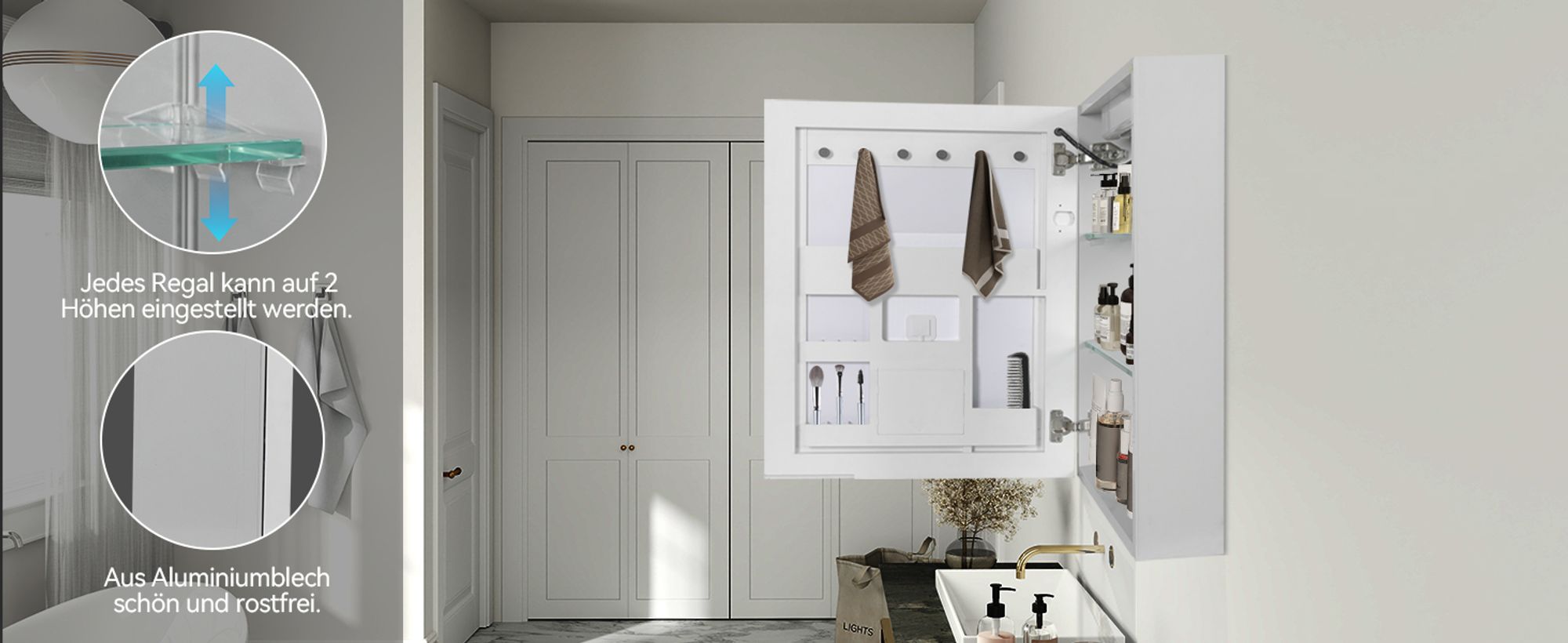 Puluomis Spiegelschrank Bad mit 3 färbiger dimmbarer Beleuchtung, Badezimmerschrank mit Steckdose, USB-Anschluss,Wandschrank Aluminium Badezimmer Weiß