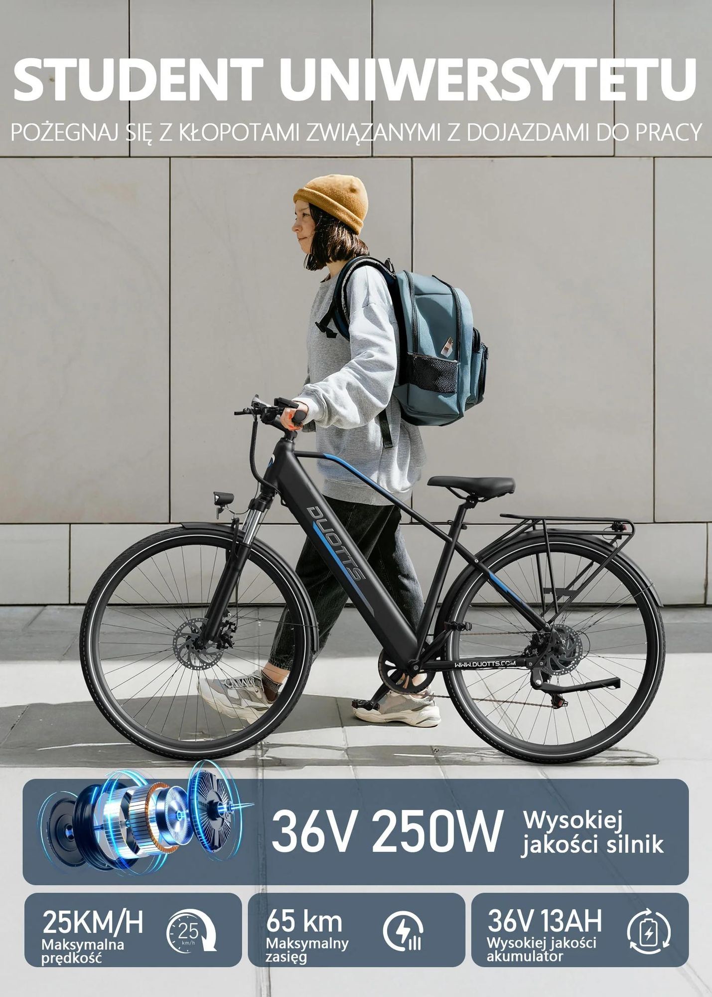 Rower Elektryczny Duotts C29 Lite - Silnik 250W Akumulator 36V13AH Opony 27.5" Hamulec Tarczowy - Niebiesko Czarny