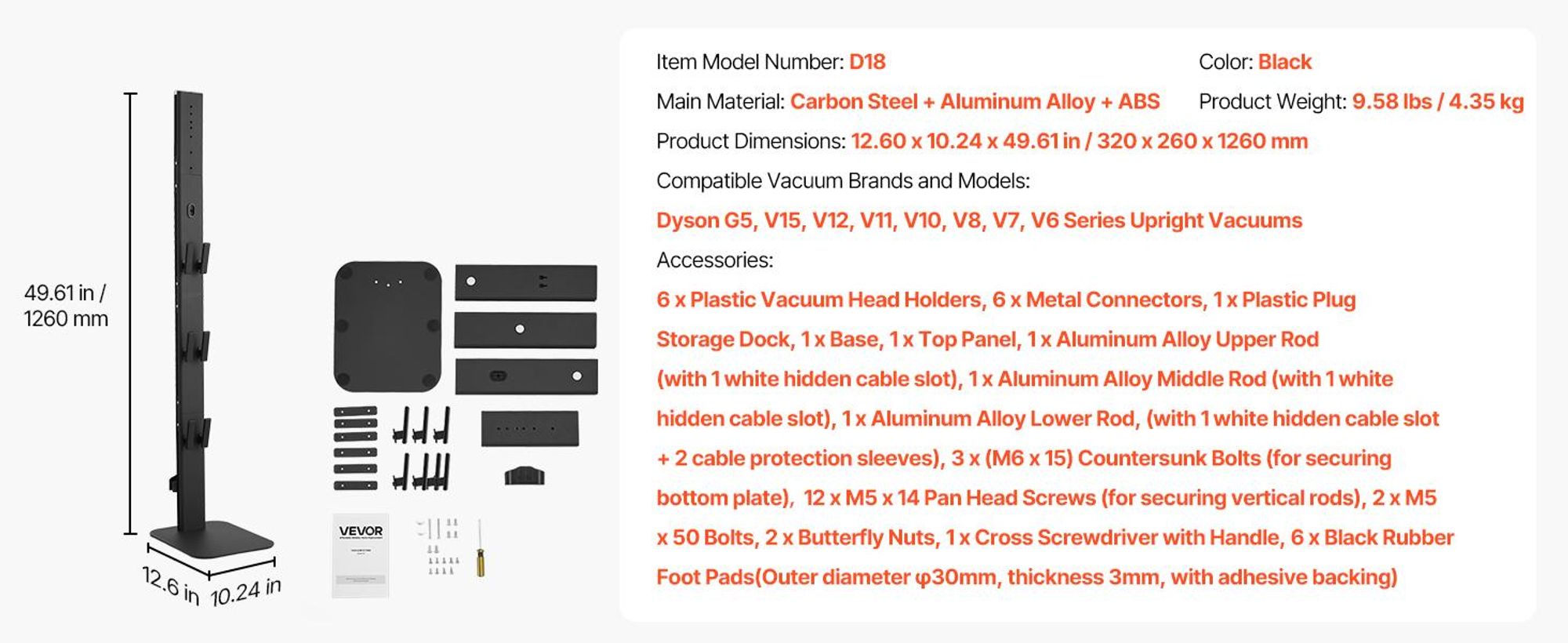 VEVOR Staubsaugerständer, Kompatibel mit Dyson V6 V7 V8 V10 V11 V15, Stabiler Staubsaugerständer mit Rädern für Dyson DC30 DC31 DC34 DC35 DC58 DC59 DC62 D74 Kabellose Bodenstaubsauger & Zubehör, Vertikale breite Tafel, 6 Haken-Schwarz-a