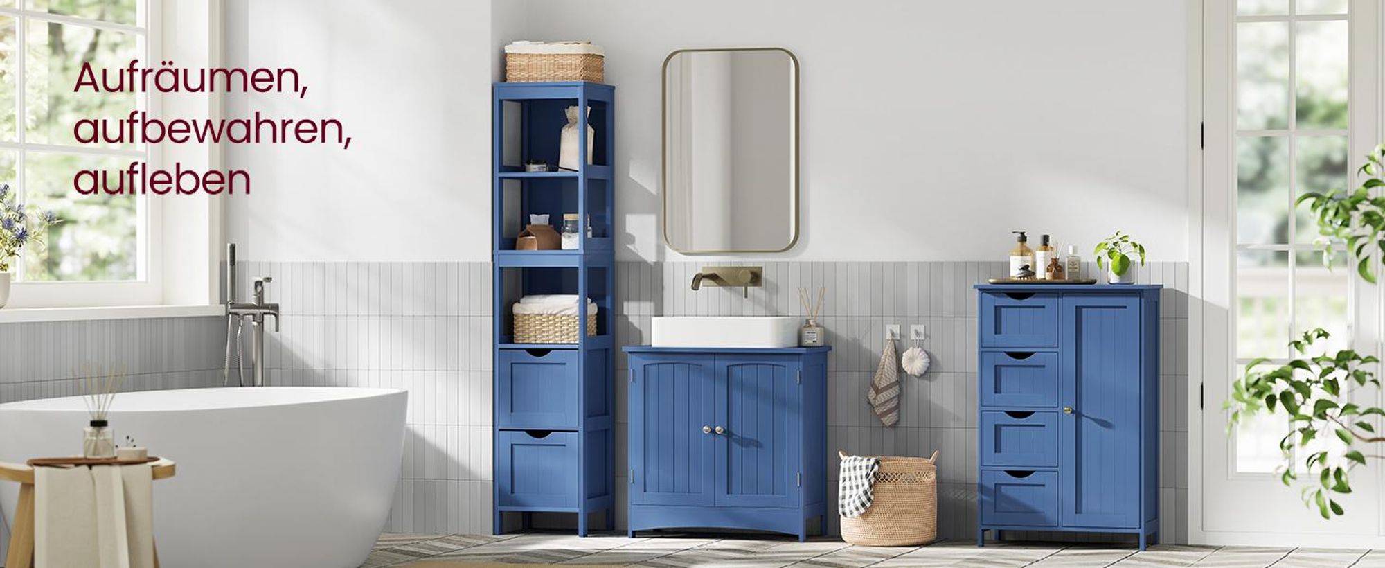 VASAGLE Badschrank, mit 4 Schubladen, Aufbewahrungsschrank, verstellbare Ablage, 30 x 55 x 82 cm, modern, blau