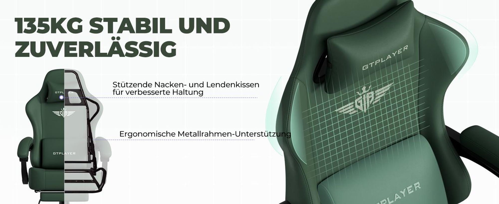 GTPLAYER Gaming Stuhl Ergonomischer Gaming Sessel Schreibtischstuhl Bürostuhl mit Kunstleder Federsitzkissen, Verbindungsarmlehnen, mit Fußstütze