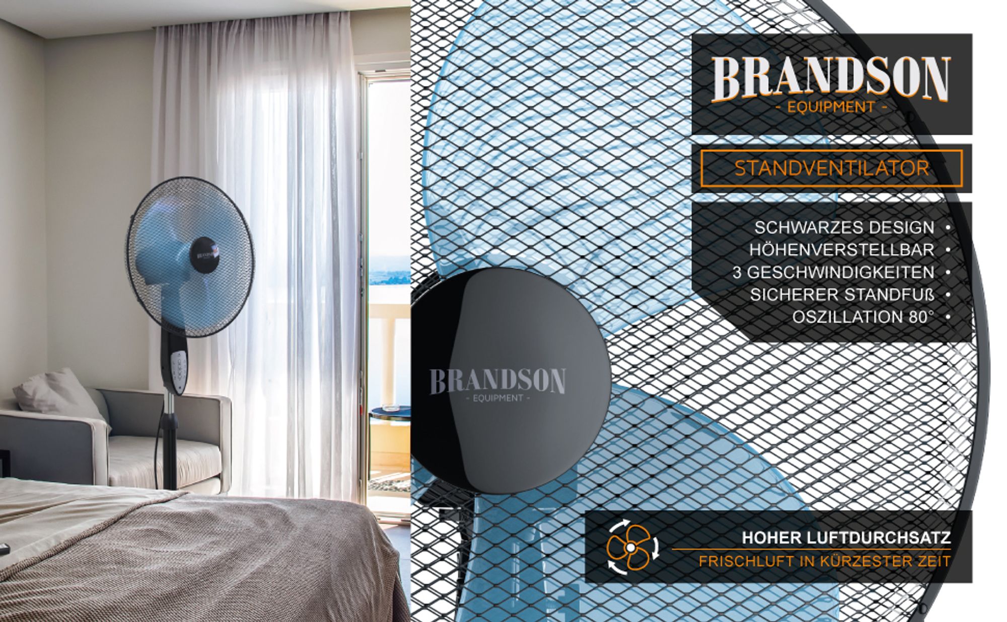 Schwarzer Standventilator im Schlafzimmer mit hohem Luftdurchsatz und Oszillation