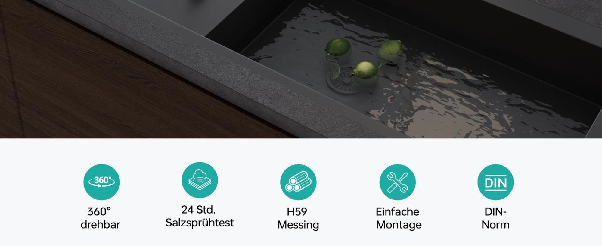 Mai & Mai Wasserhahn Küche Küchenamatur ausziehbar 360° drehbar 3 Wasserstrahl-Modi LED-Digitalanzeige Küchenwasserhahn Spültischarmatur Schwarz 8085
