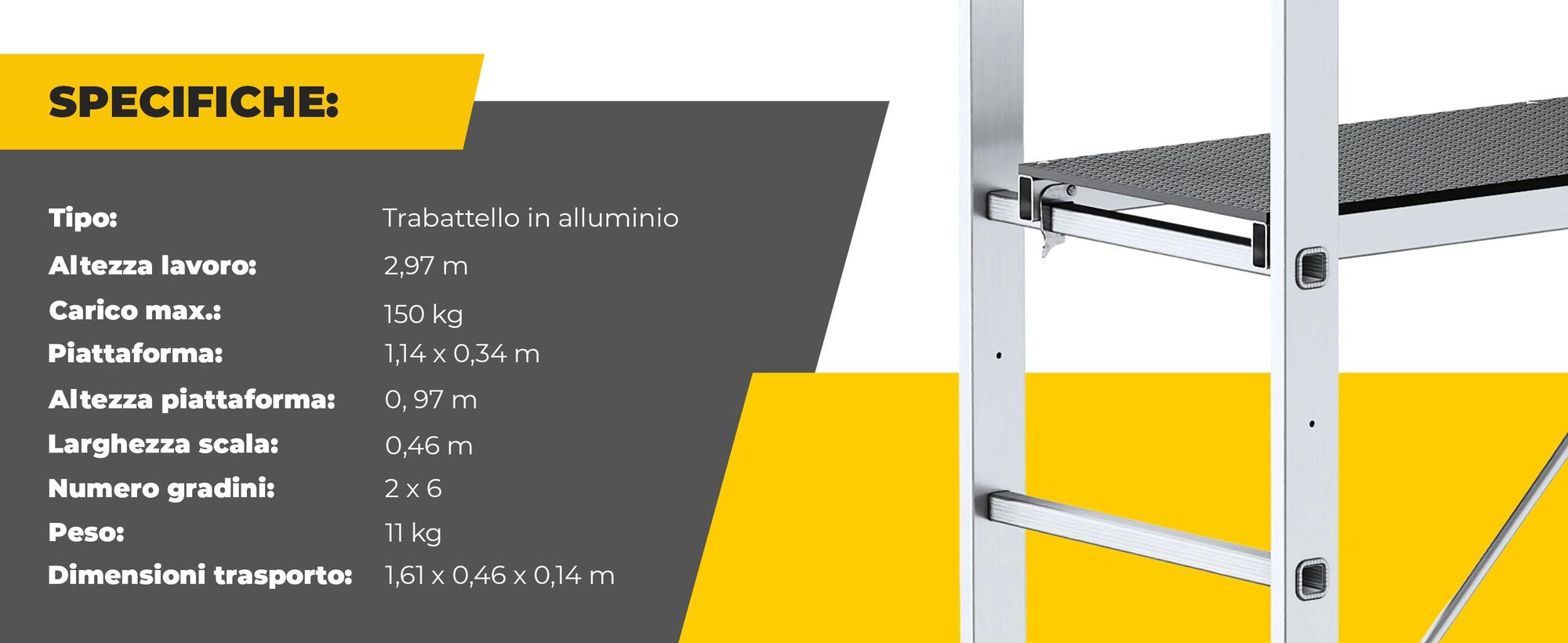 Drabest | scaffale in alluminio, impalcatura, scala multiuso, impalcatura a scala, 2x6, impalcatura con scala portata 150 kg, in alluminio