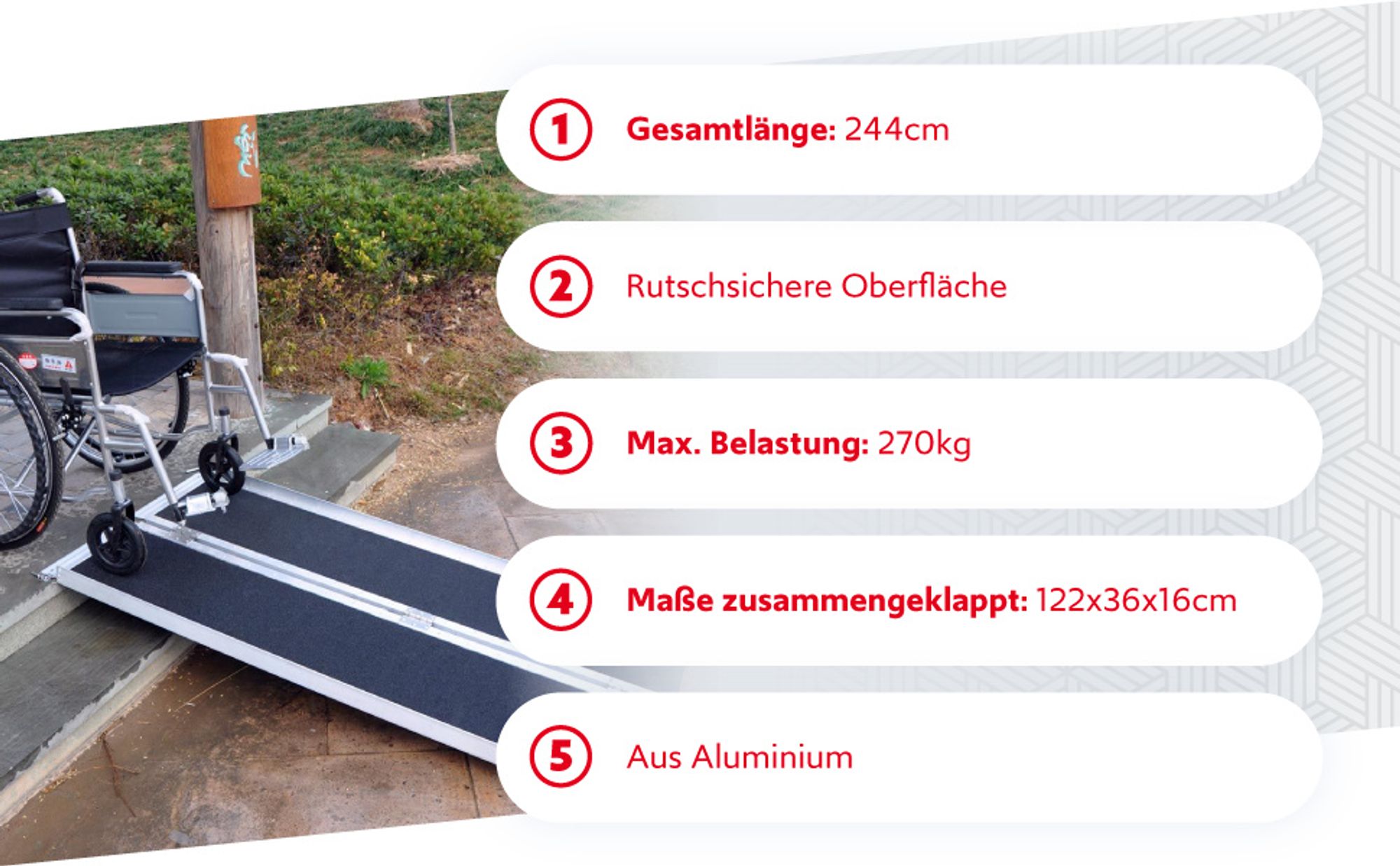 Wiltec Rollstuhlrampe doppelt faltbar 244cm 270kg, mobile Auffahrschiene mit rutschfester Oberfläche als Rollirampe, Aluminium Kofferrampe