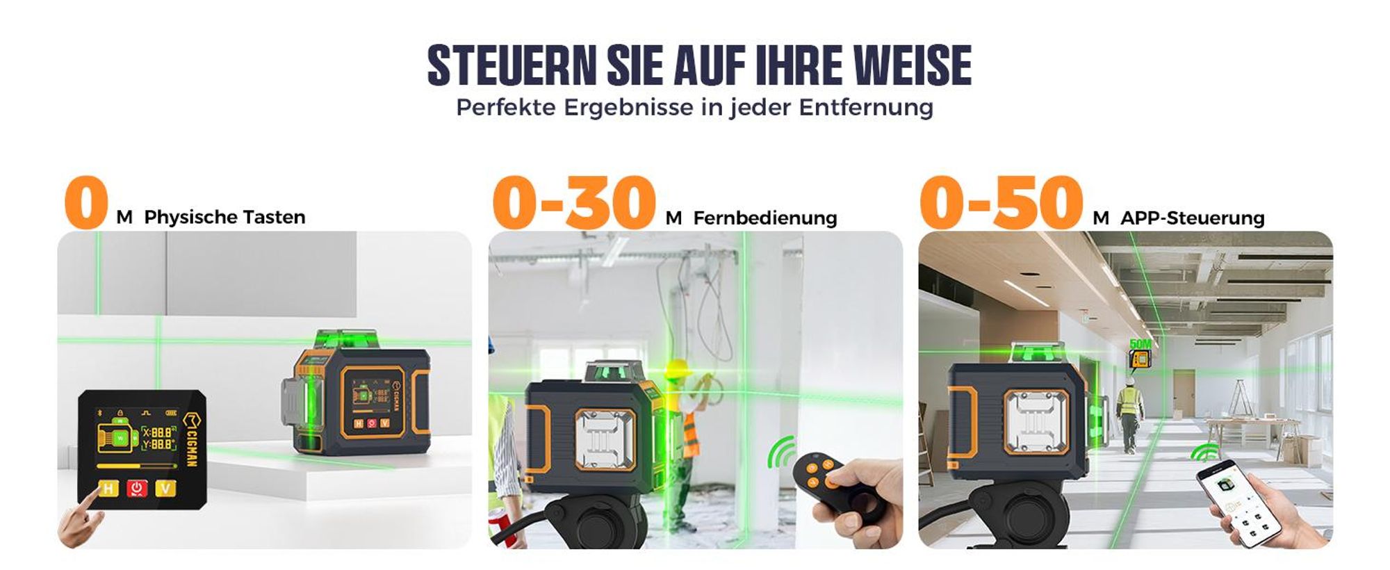 CIGMAN CM-S03 Kreuzlinienlaser 3x360° Grün mit App & LCD-Display