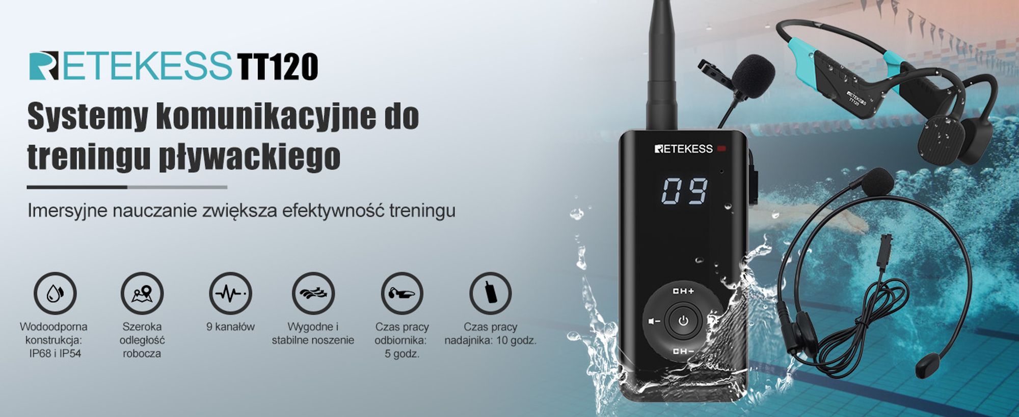 Retekess TT120 system komunikacji do treningu pływackiego Nadajnik trenera i odbiornik ucznia do pływania