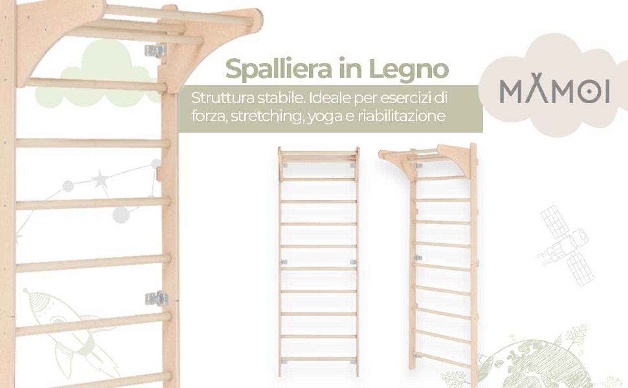 MAMOI Scala da parete ginnica con maniglia per adulti - scala da allenamento in legno (230 cm), Attrezzatura per il fitness, Scala multifunzionale
