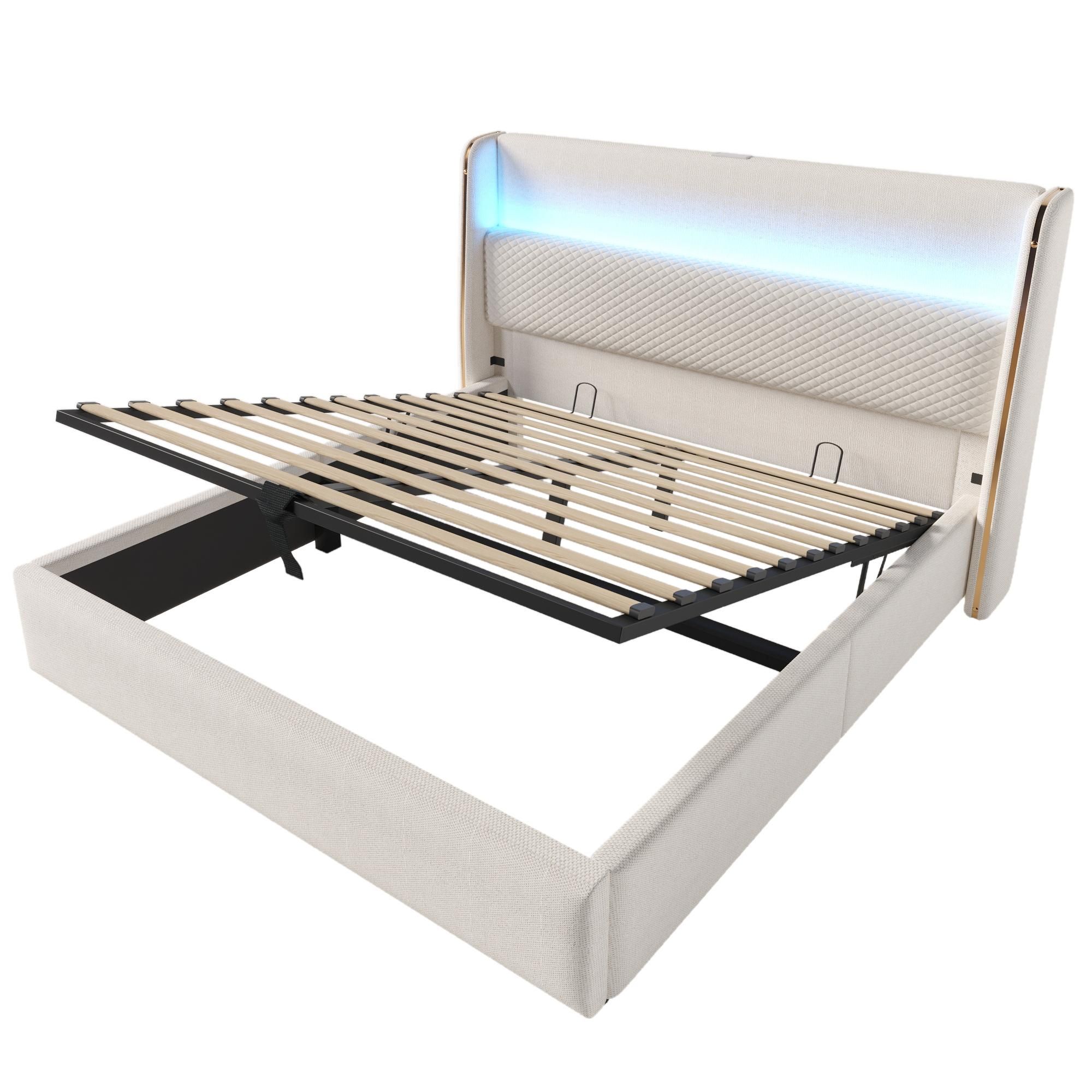 Flieks Hydraulisches Polsterbett 140x200cm mit USB/Type-C-Anschlüssen, Stauraumbett Doppelbett Jugendbett mit Led, Leinen, Beige