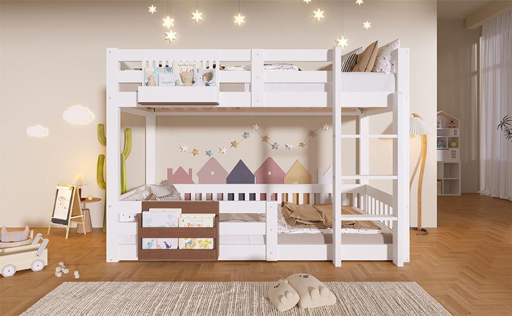 Merax Etagenbett 90x200 cm, Hochbett mit Aufbewahrungsfächern aus Eisen, Leiter, Sicherheitsgitter, Kinderbett, Stockbett, Jugendbett, Weiß
