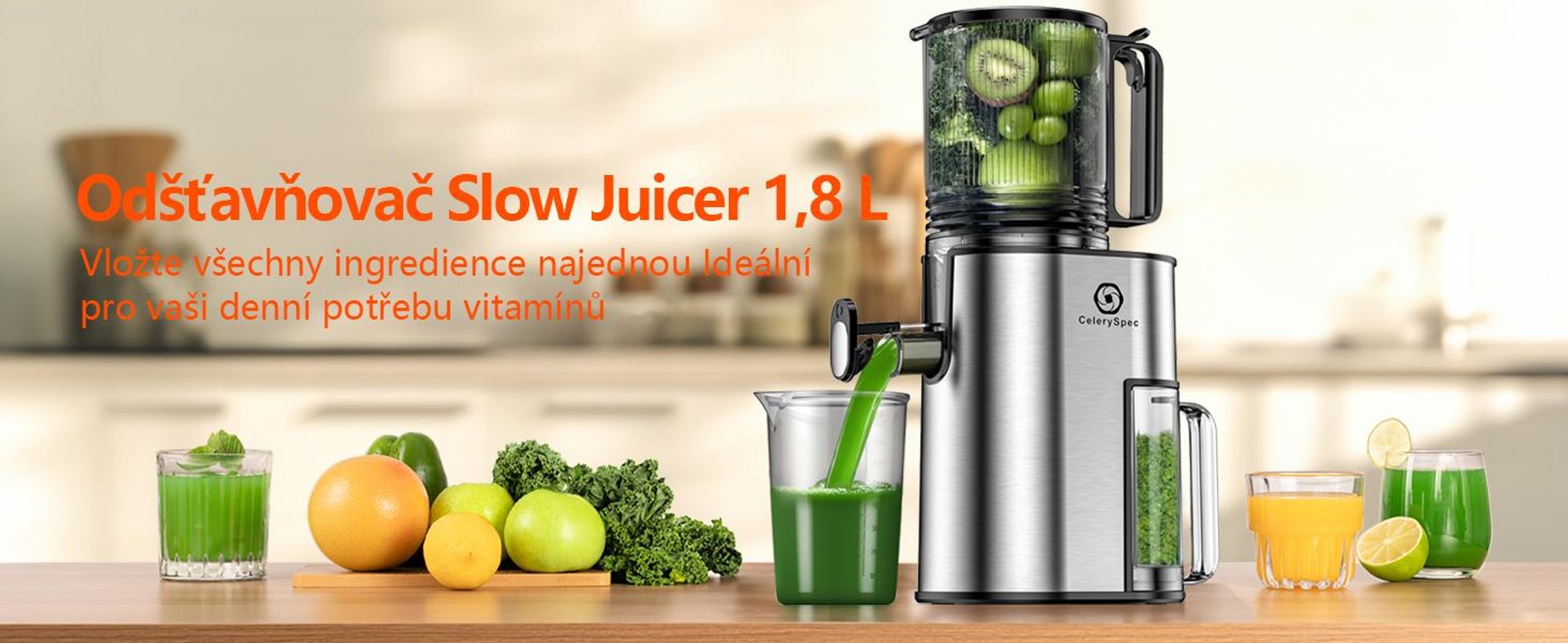 CelerySpec SJ-048-EU-SS Odšťavňovač - Na celou zeleninu a ovoce Příkon 250 W Objem odšťavňovače 1,8 l Materiál bezpečný pro potraviny Nerezová ocel 130 mm Otvor pro podávání Funkce zpětného chodu - stříbrná barva