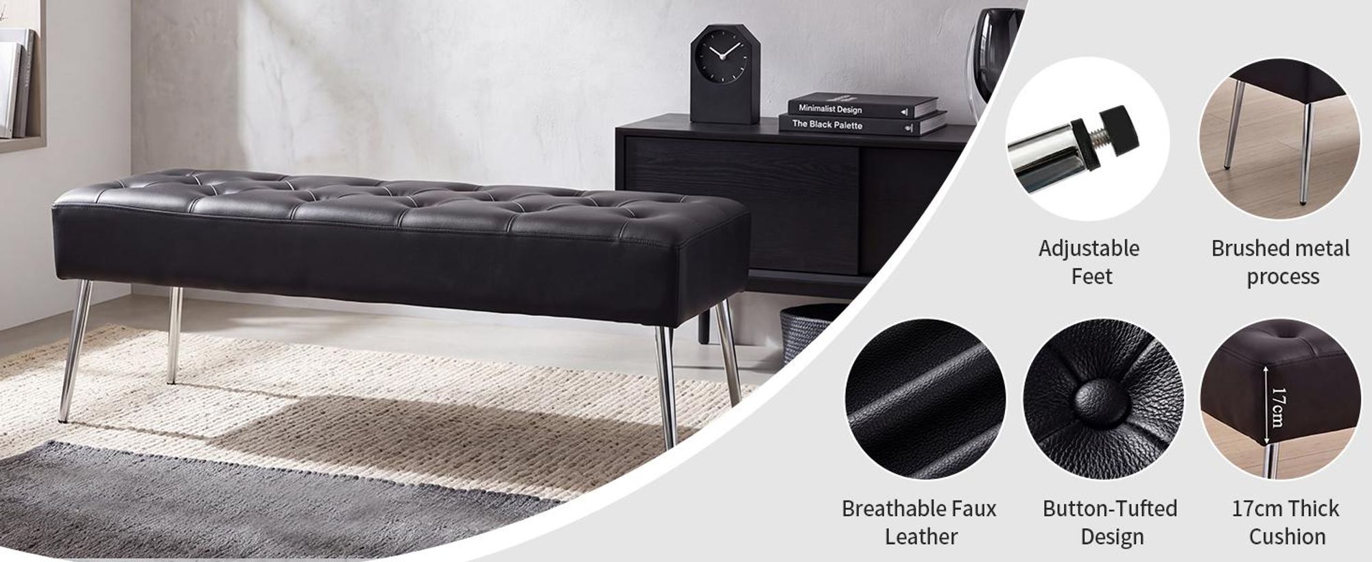 Duhome zitbank van kunstleer, gestoffeerde bank, make-up krukje, make-up tafel. Kleur: zwart, materiaal: kunstleer