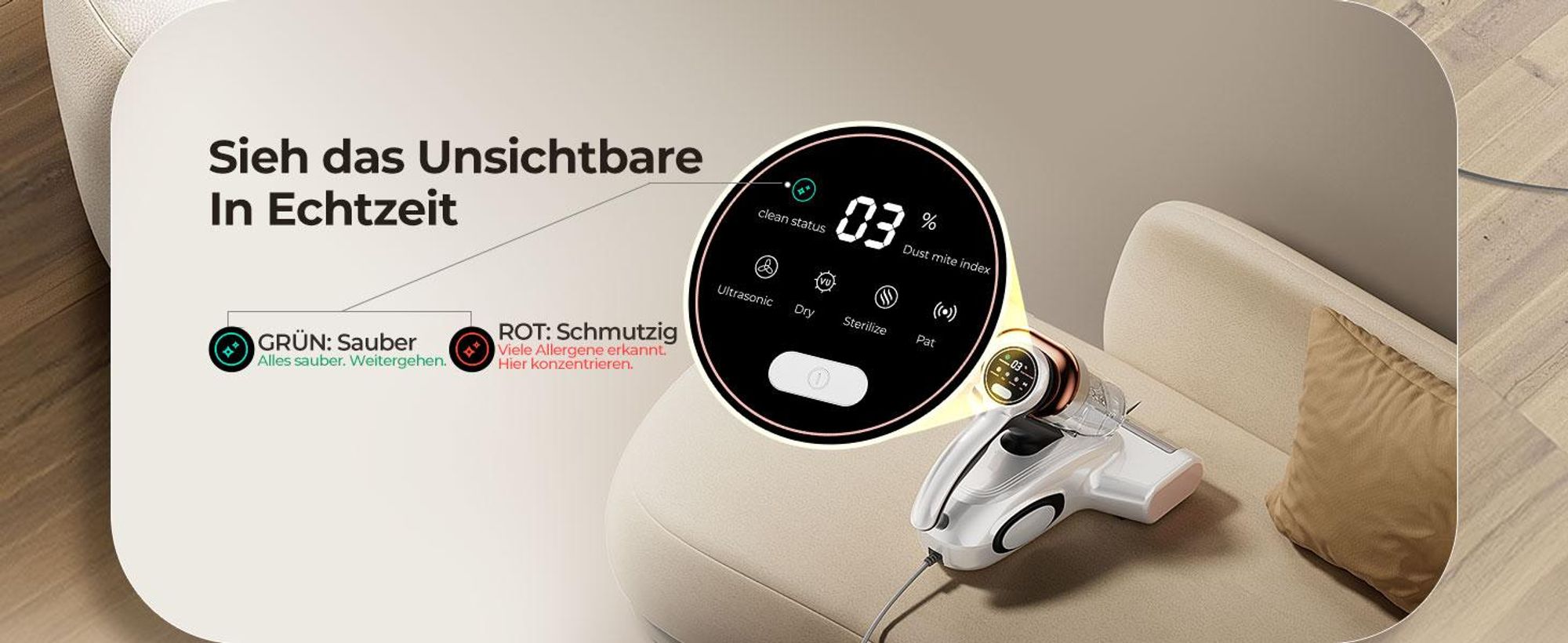 JIGOO J300 Milbensauger 500 W, 13 kPa, 99,9 % Milbenentfernung, UV 253,7 nm, 55 °C Heißluft, Milbensensor