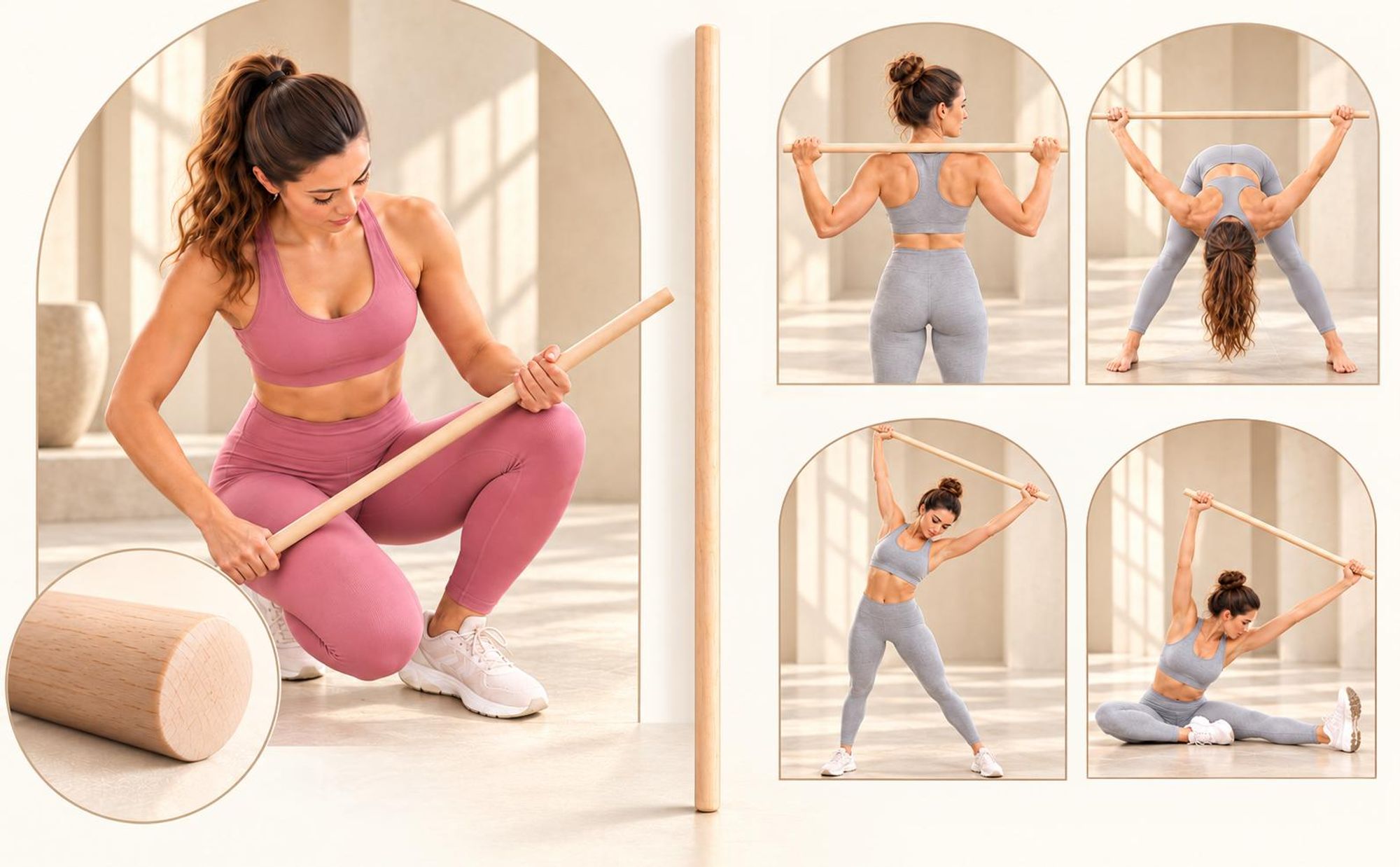 MOE UHANE® Dřevěná gymnastická tyč 100 cm na cvičení, jógu, fitness, mobilitu a rovnováhu, protahovací hůl pro děti a dospělé, přírodní dřevo