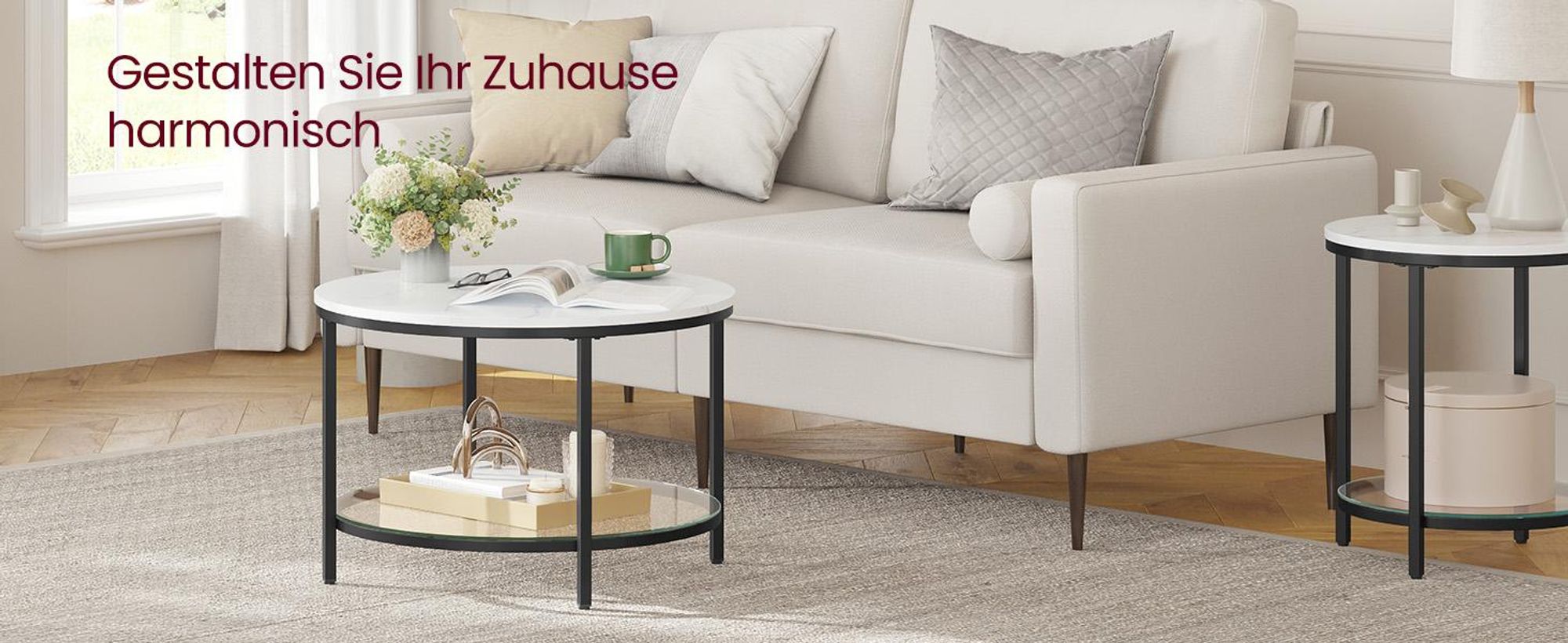 VASAGLE Couchtisch, Wohnzimmertisch, moderner Stil, 65 x 46 cm (Ø x H), Marmorweiß