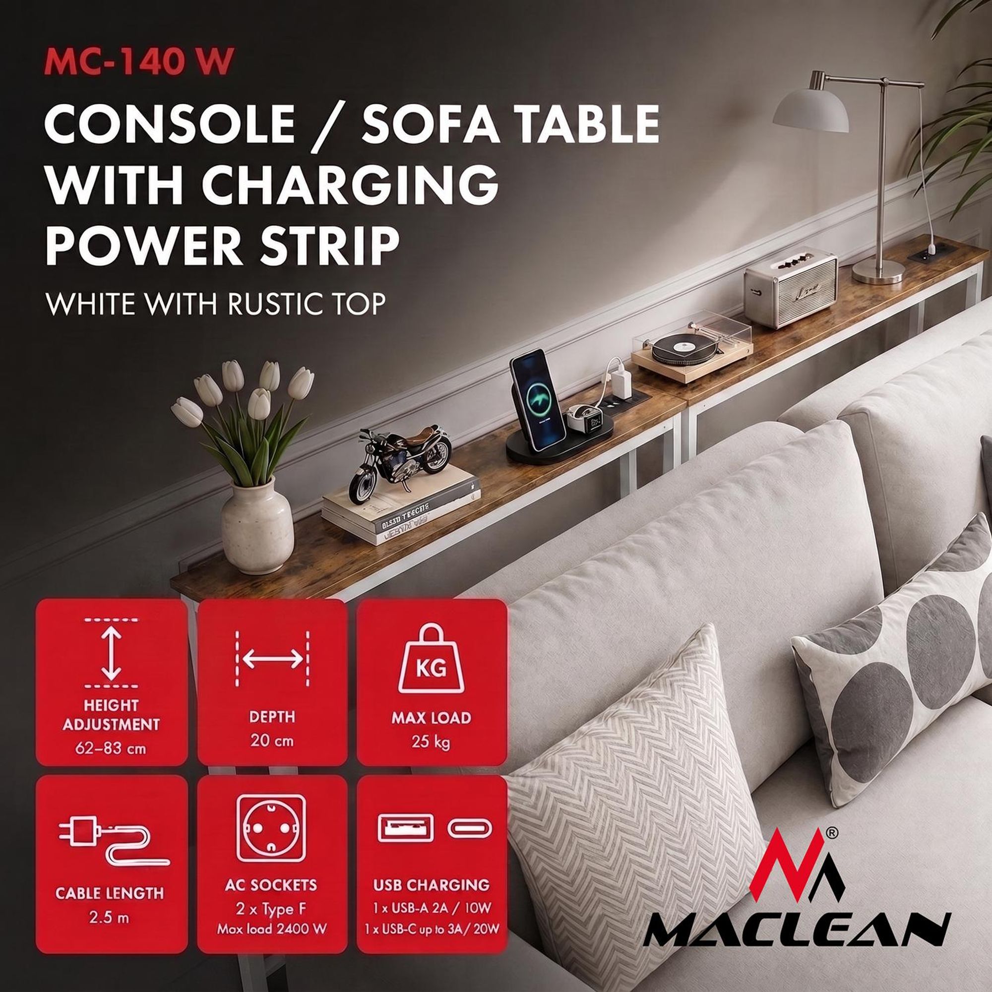 Maclean-Konsole/Beistelltisch mit Ladeleiste weiß mit heller Tischplatte höhenverstellbar von 62 bis 83 cm max. 25 kg Kabel 2,5 m MC-140 W